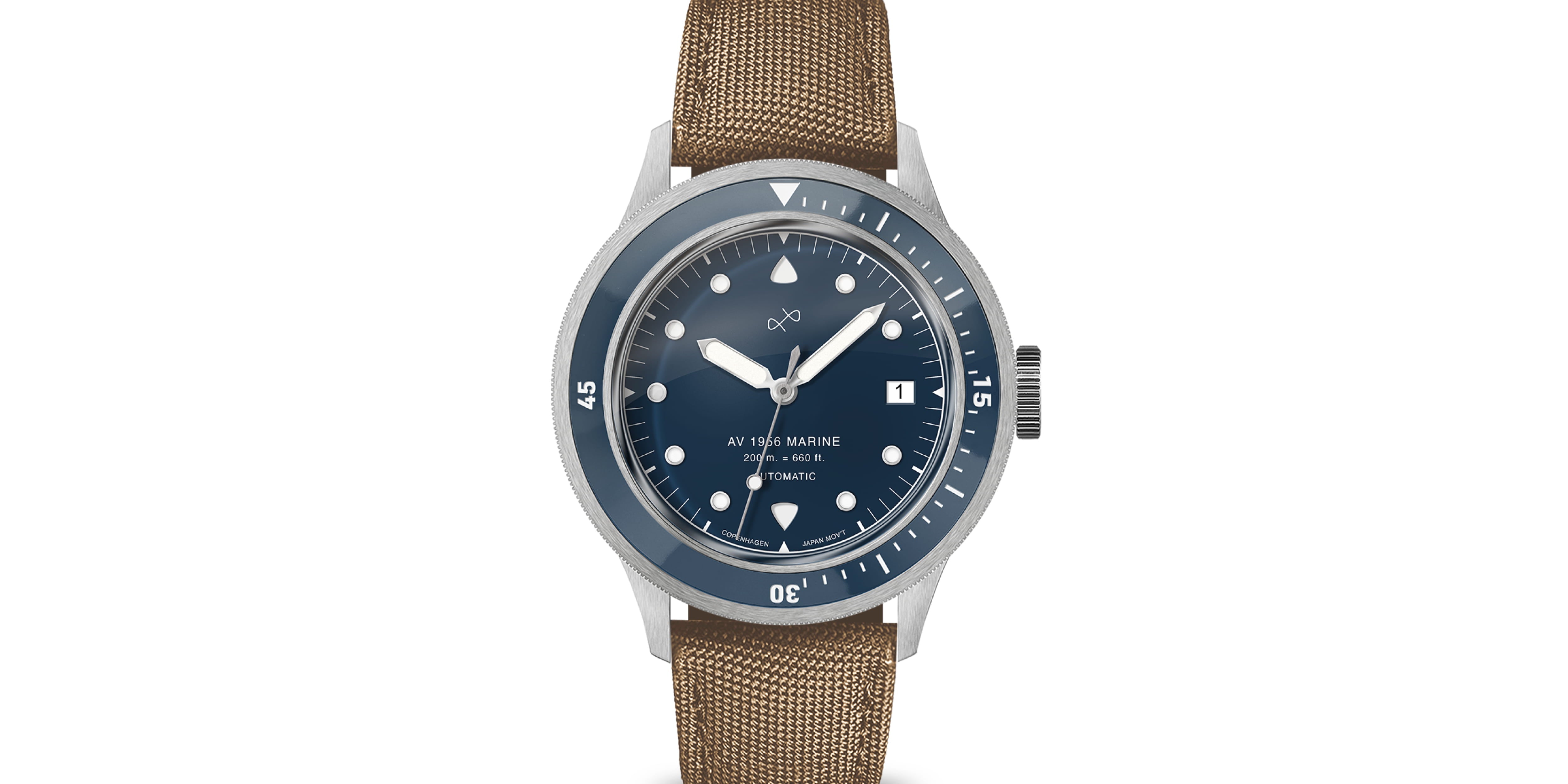 Automatic marine-inspired wristwatch with a deep blue dial, date window, rotating bezel, and textured tan strap.