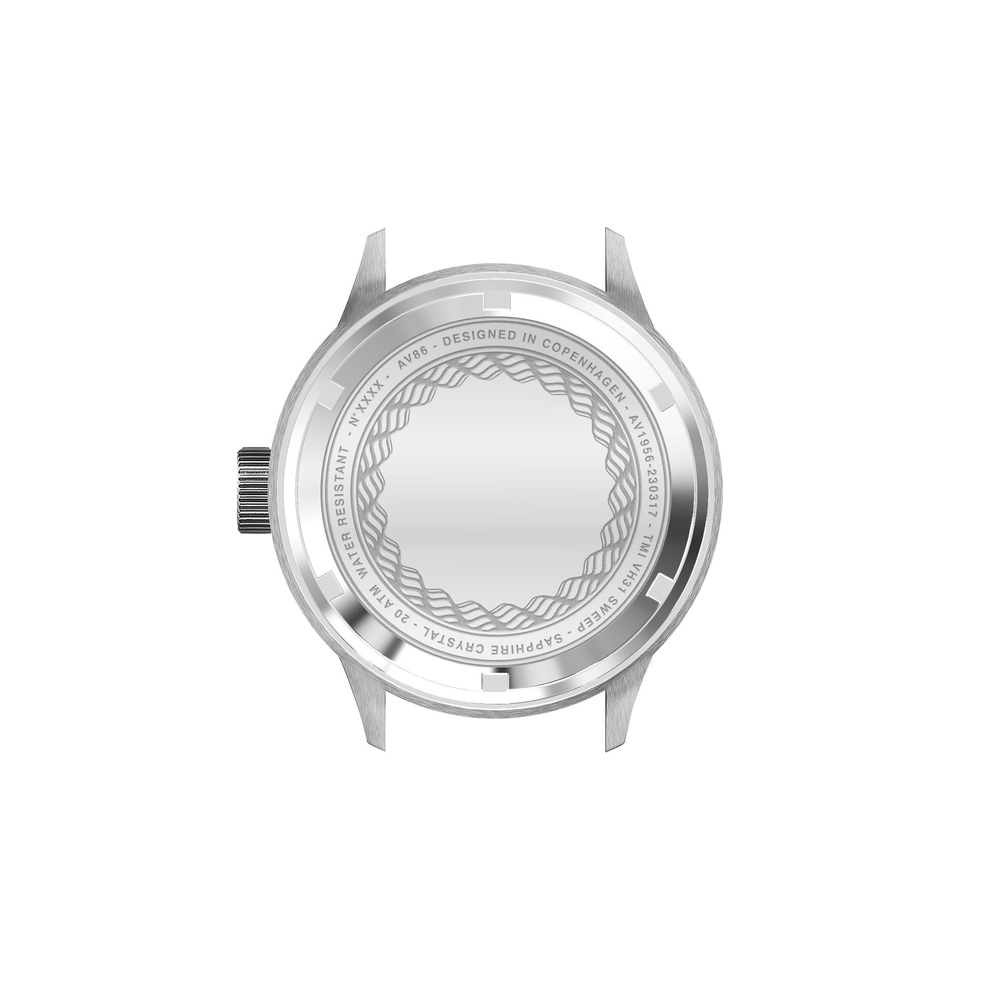 AV86 watch case back with sapphire crystal, engraved details, designed in Copenhagen, showcasing Nordic minimalist craftsmanship