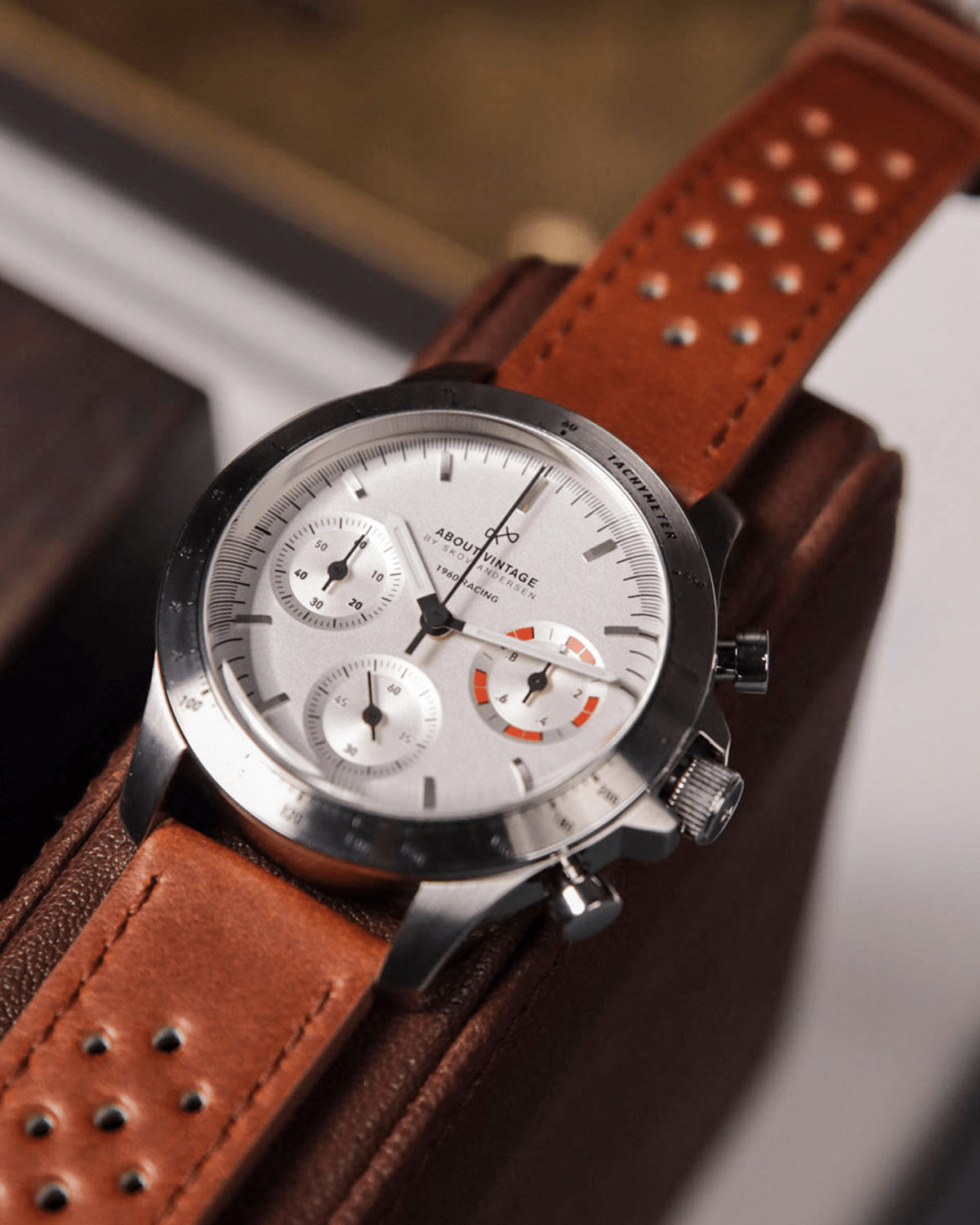 1960 Racing Chronograph by AV86 with sapphire crystal, tachymeter bezel, vintage-inspired dial, and perforated leather strap
