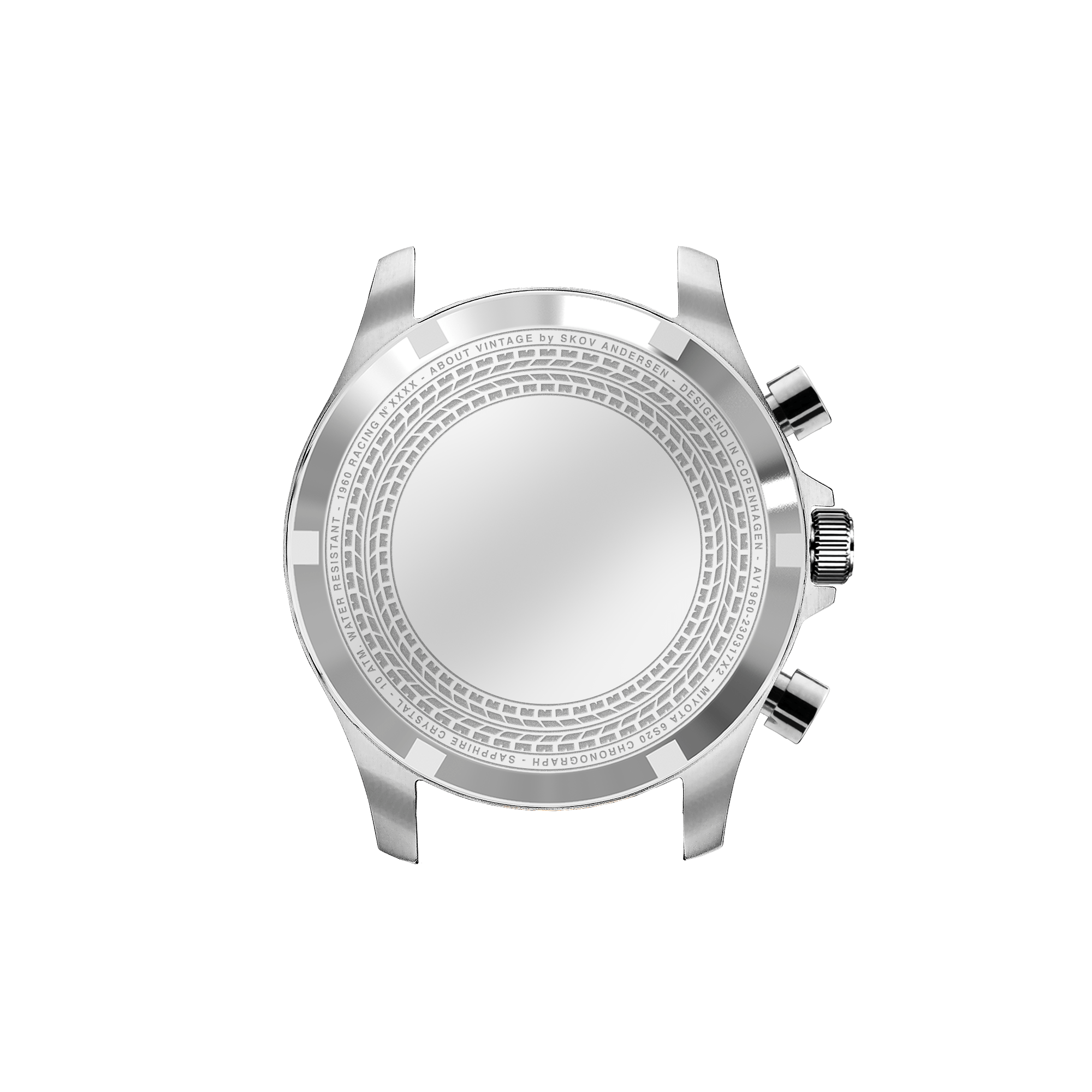 1960 Racing Chronograph by AV86 showcasing polished stainless steel caseback with engraved circular pattern and pushers