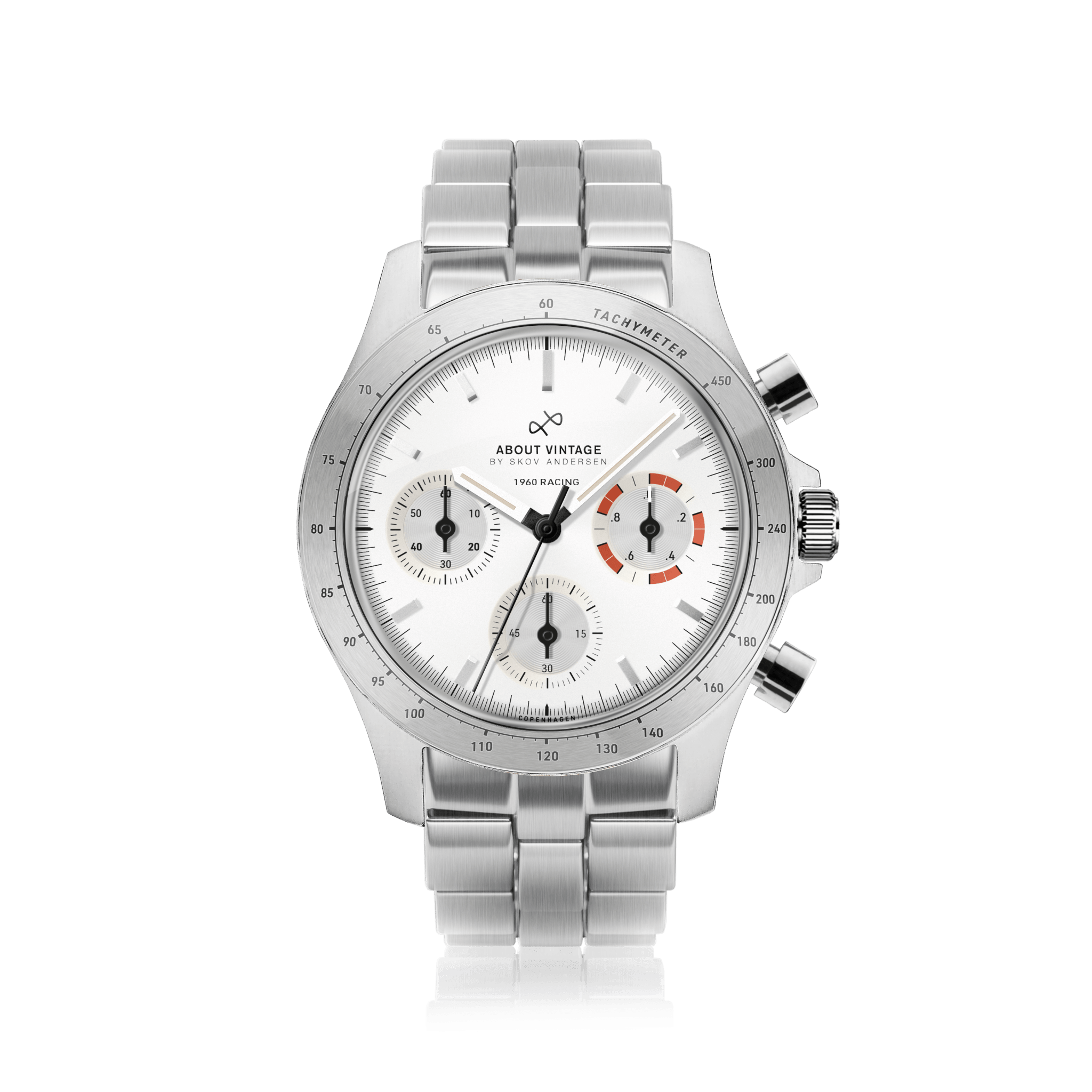 1960 Racing Chronograph by AV86 luxury vintage-inspired chronograph with sapphire crystal, tachymeter bezel, and metal bracelet strap