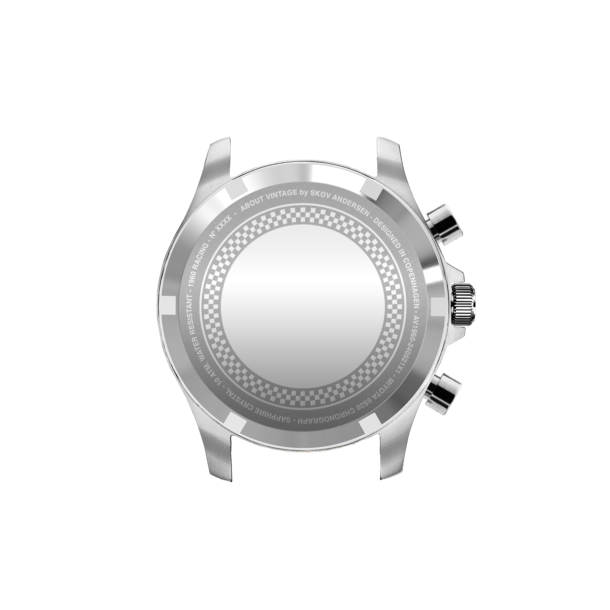 1960 Racing Chronograph by AV86 showcasing a polished steel case back with engraved detailing and chronograph pushers