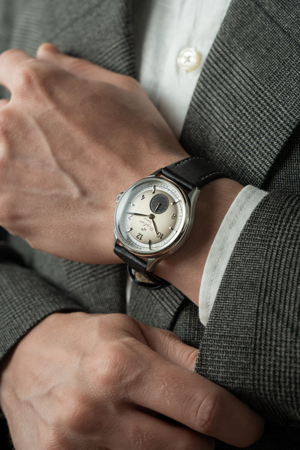 1968 Mechanical (Hand-Wound) by AV86 luxury timepiece with vintage-inspired dial, sapphire crystal, and black leather strap on wrist