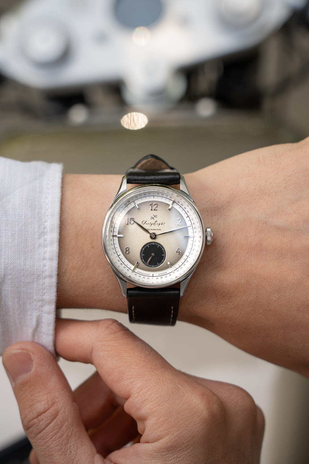 1968 Mechanical (Hand-Wound) by AV86 vintage-inspired dress watch with sapphire crystal and black leather strap