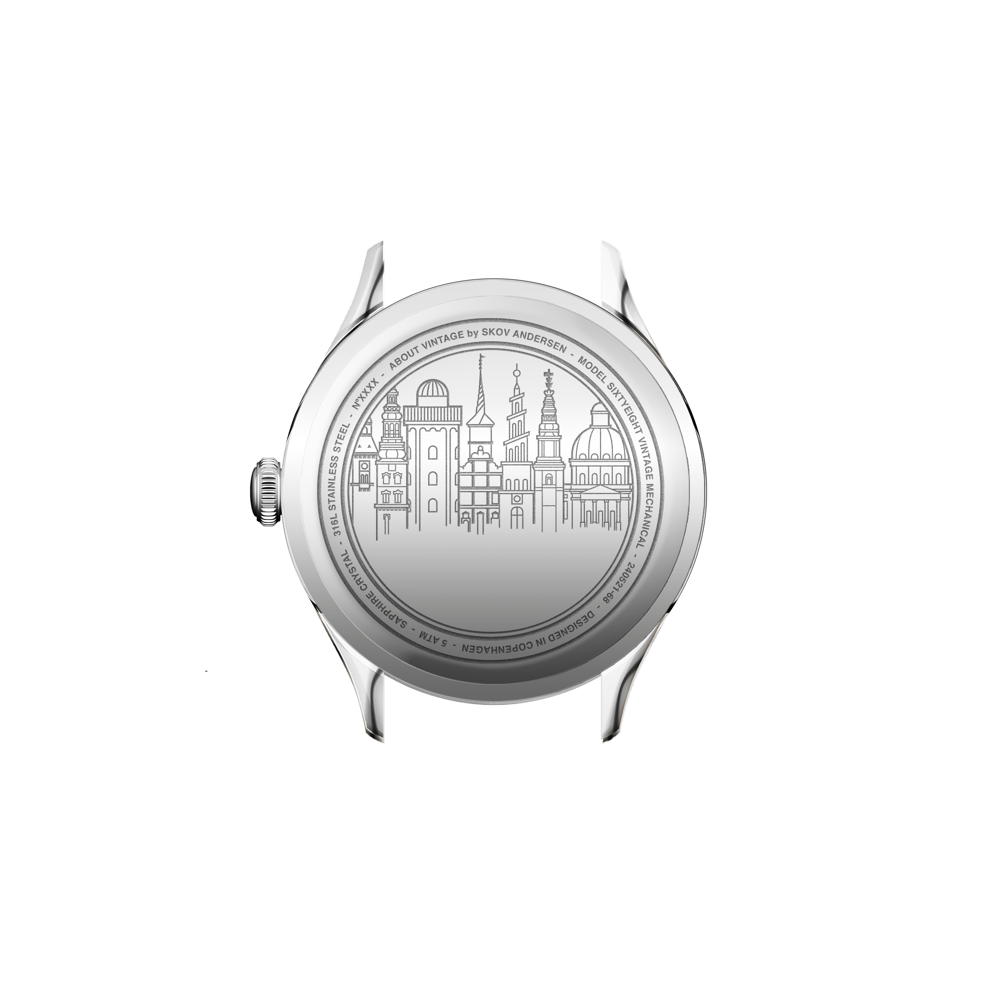 1968 Mechanical by AV86 stainless steel case back engraved with Copenhagen cityscape in minimalist Scandinavian design