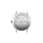 1968 Mechanical by AV86 steel case back engraving featuring Copenhagen cityscape in minimalist Danish design style