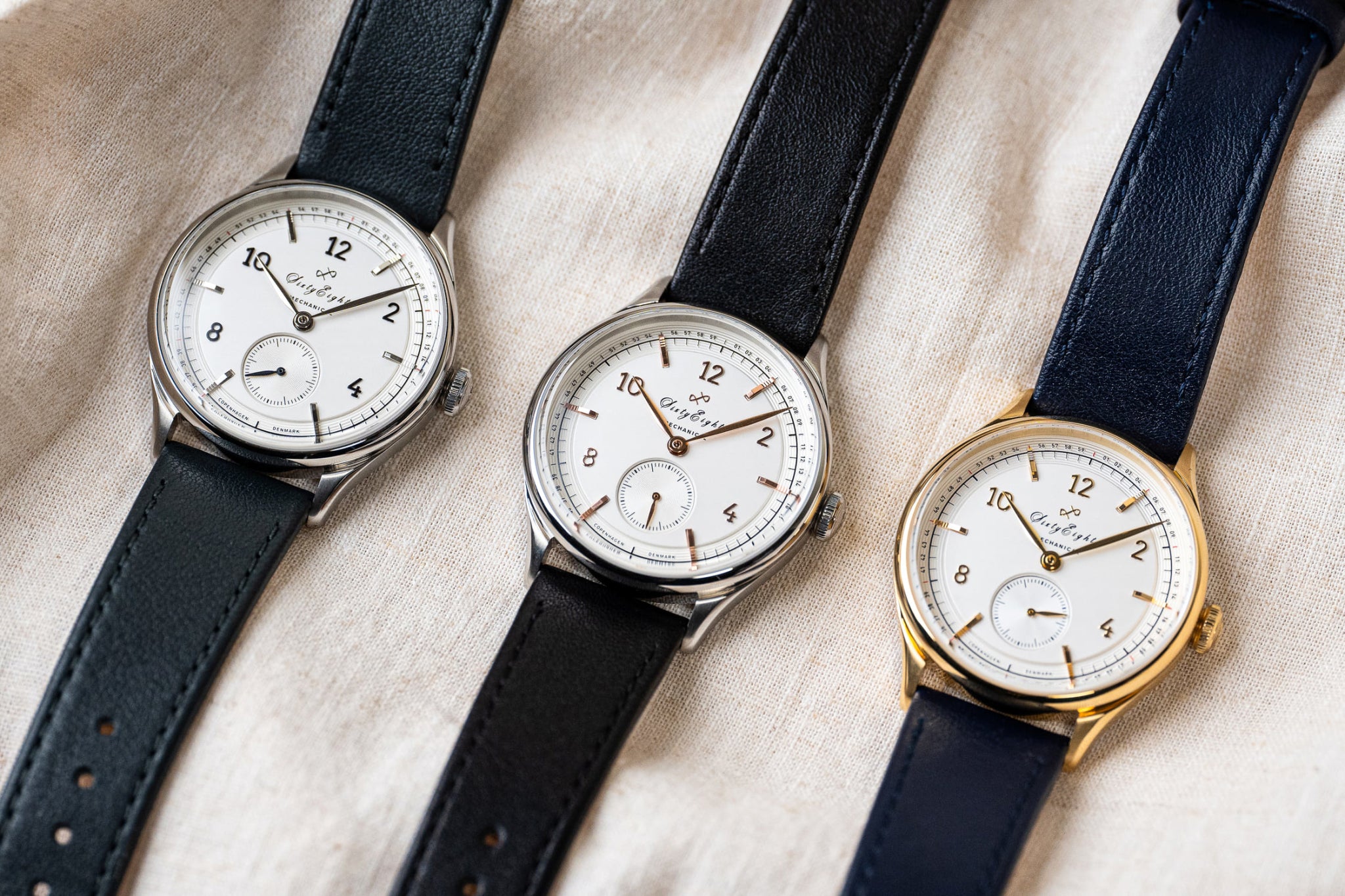 1968 Mechanical, Gold / White by AV86 luxury automatic dress watch with sapphire crystal and leather strap