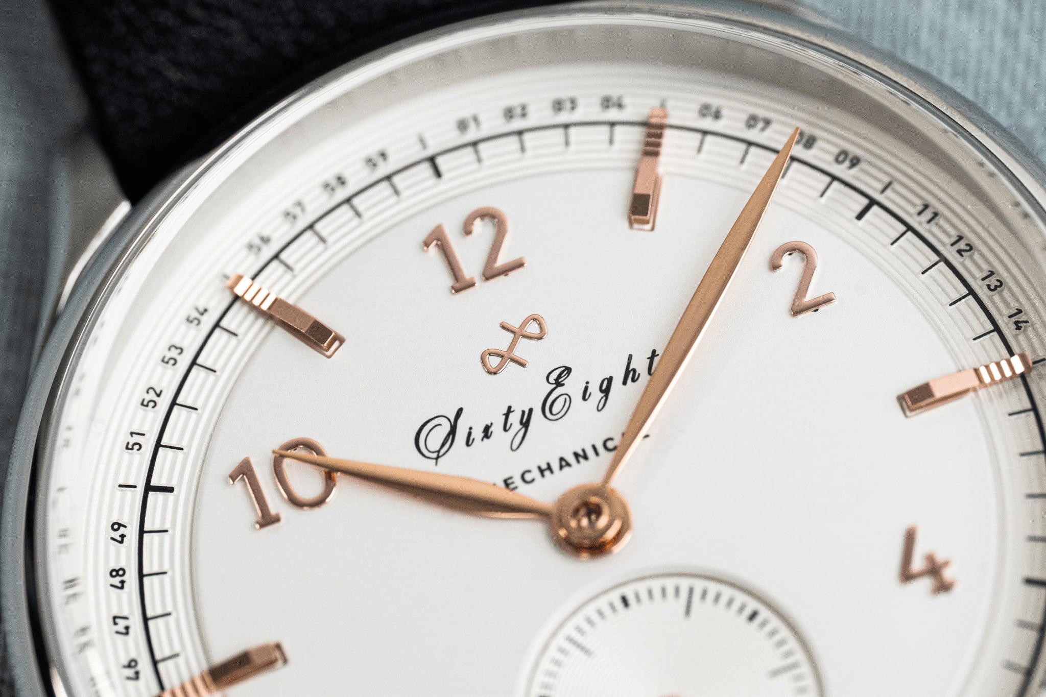 1968 Mechanical by AV86 vintage-inspired automatic watch with sapphire crystal, rose gold markers, and black leather strap
