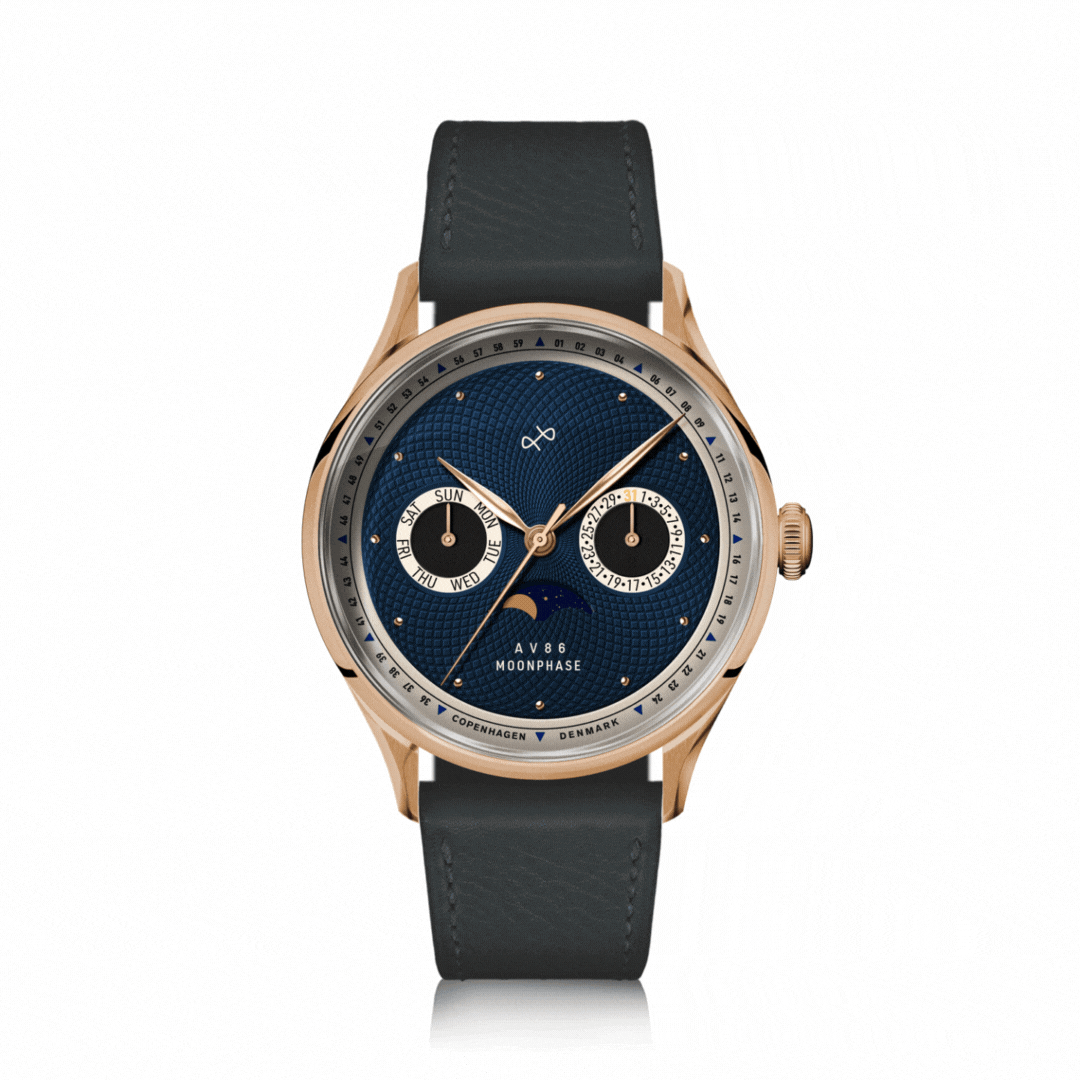 AV86 moonphase watch with vintage-inspired dial, sapphire crystal, moonphase complication, and black leather strap