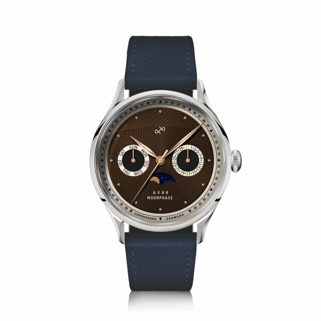 AV86 Moonphase with vintage-inspired dial, moonphase complication, sapphire crystal, and blue leather strap, Danish design elegance