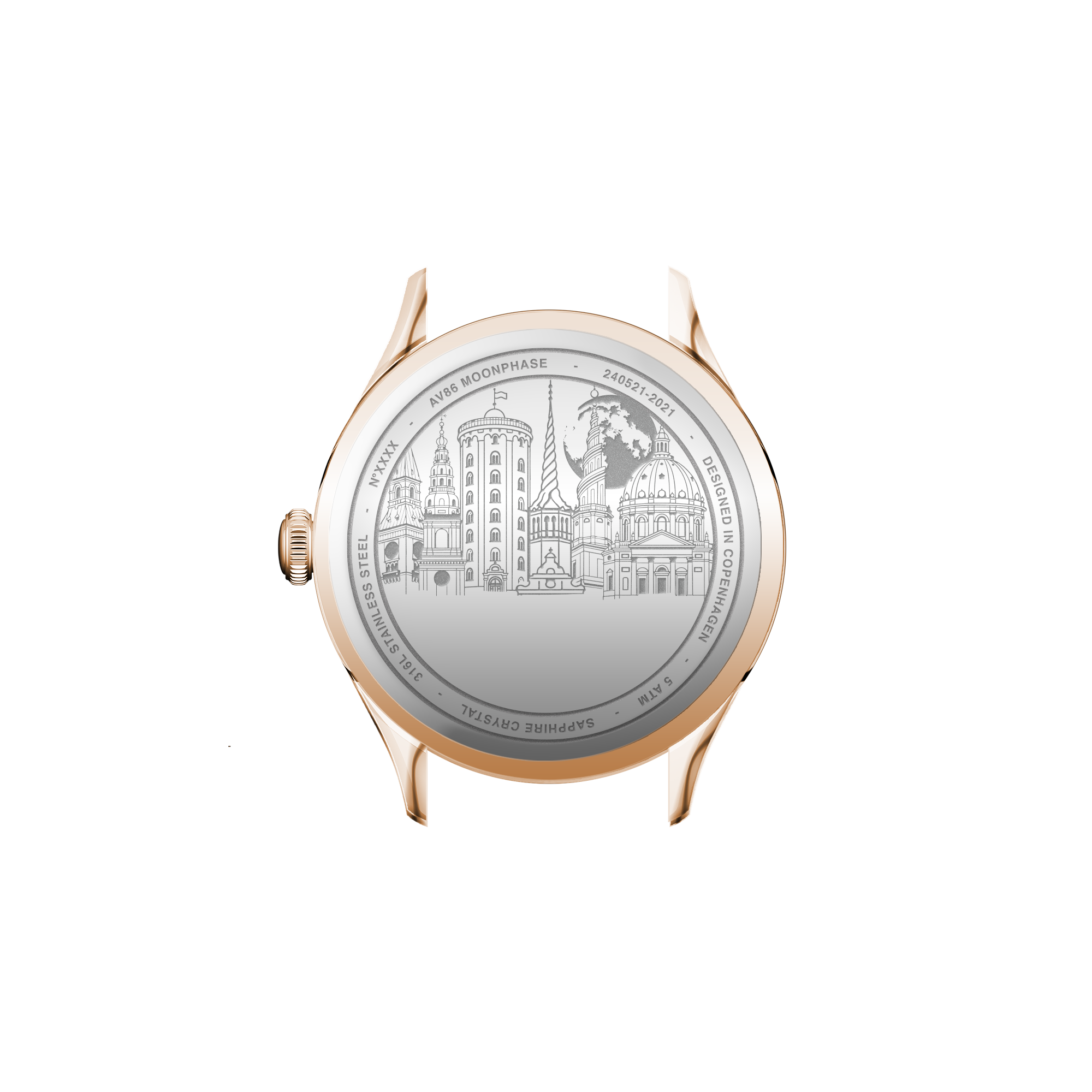 1968 Moonphase, Rose Gold / Dark Blue by AV86 showcasing engraved case back with Copenhagen skyline and sapphire crystal details
