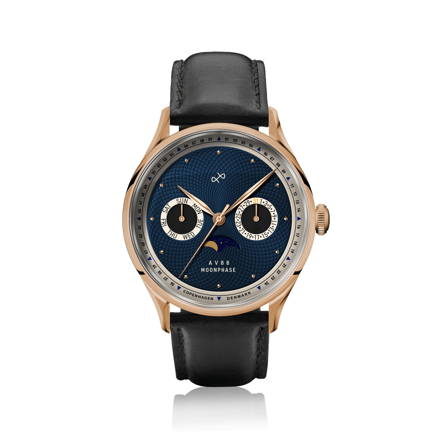 1968 Moonphase, Rose Gold / Dark Blue by AV86 luxury moonphase watch with sapphire crystal, rose gold case, and black leather strap