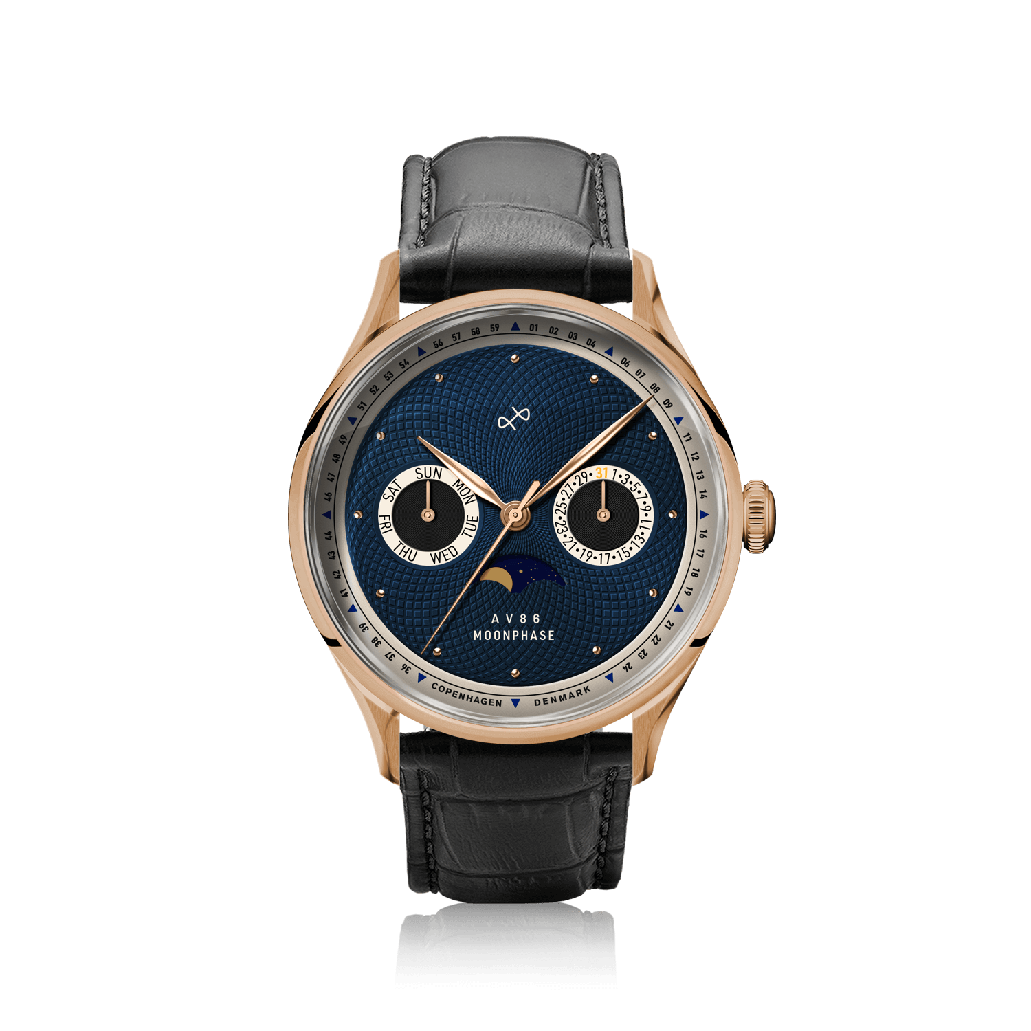 1968 Moonphase by AV86 luxury moonphase watch with sapphire crystal, rose gold case, dark blue dial, and black leather strap