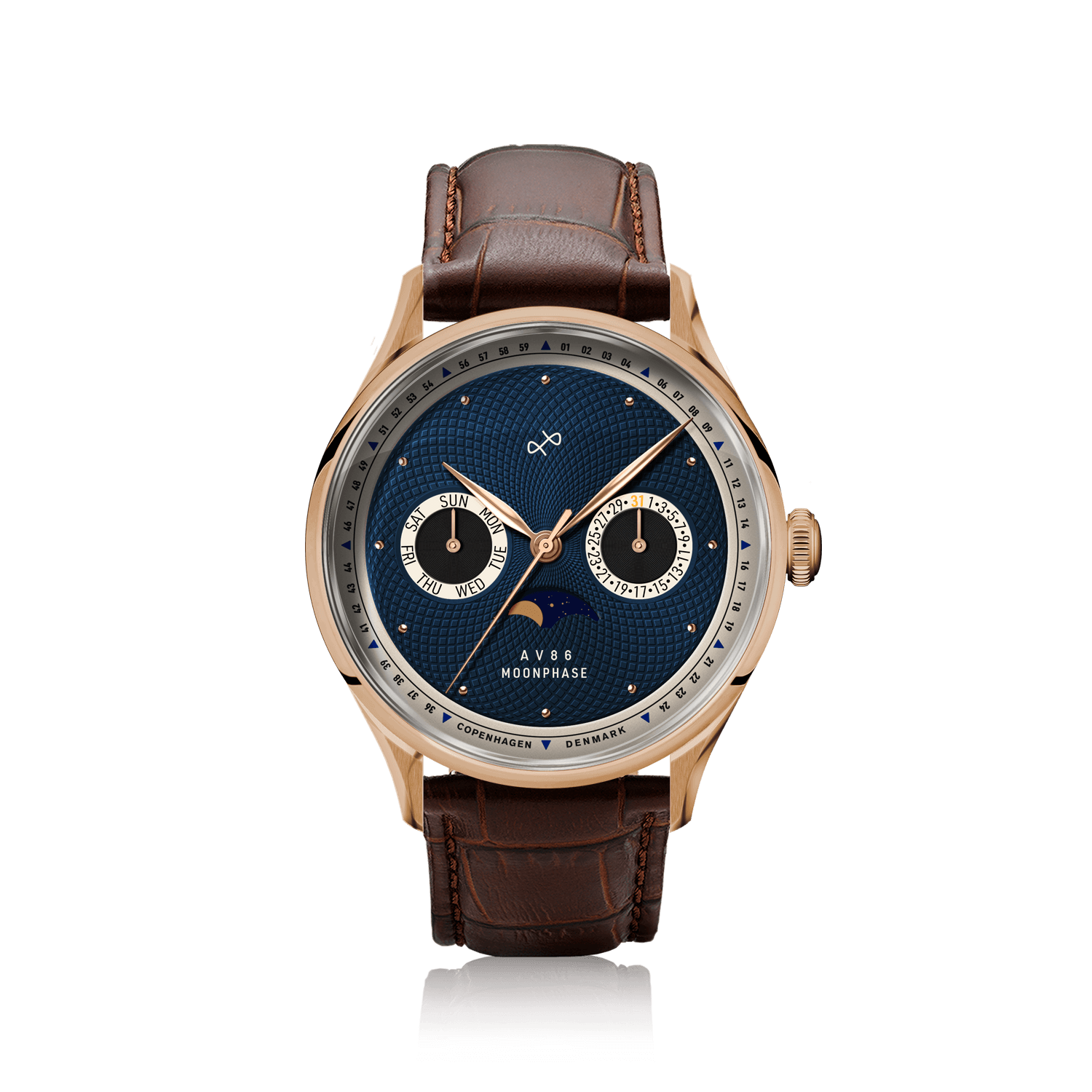 1968 Moonphase, Rose Gold / Dark Blue by AV86 luxury Moonphase watch with sapphire crystal, leather strap, and precise subdials