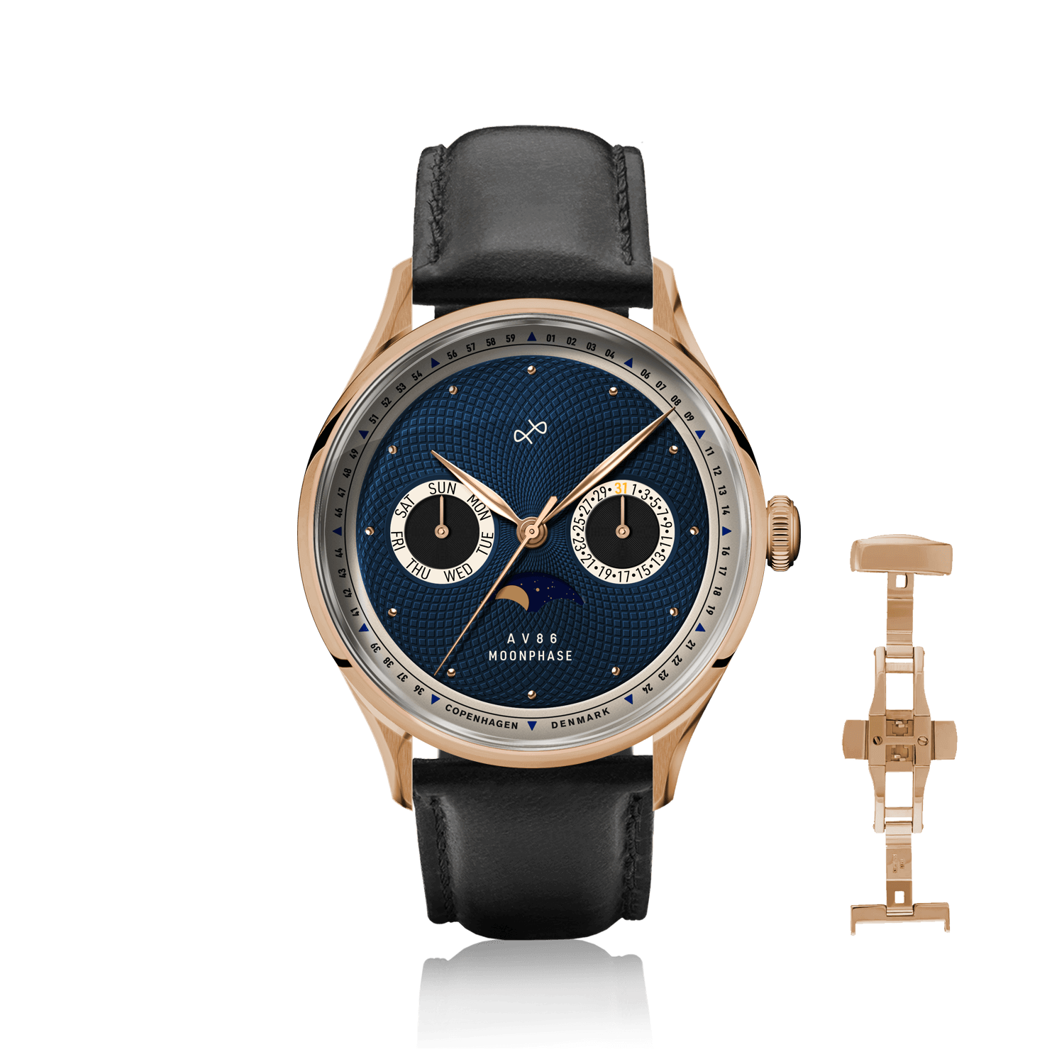 1968 Moonphase, Rose Gold / Dark Blue by AV86 luxury moonphase watch with sapphire crystal and black leather strap