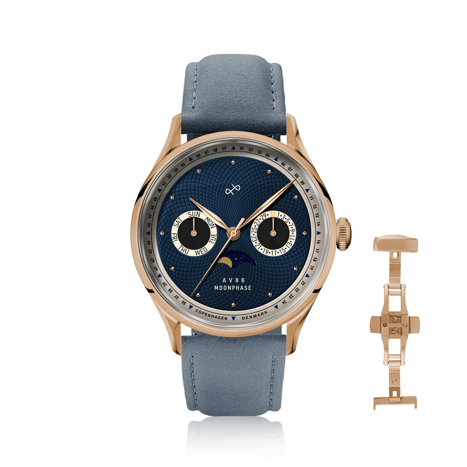 1968 Moonphase by AV86 luxury moonphase watch with sapphire crystal, rose gold case, and dark blue leather strap