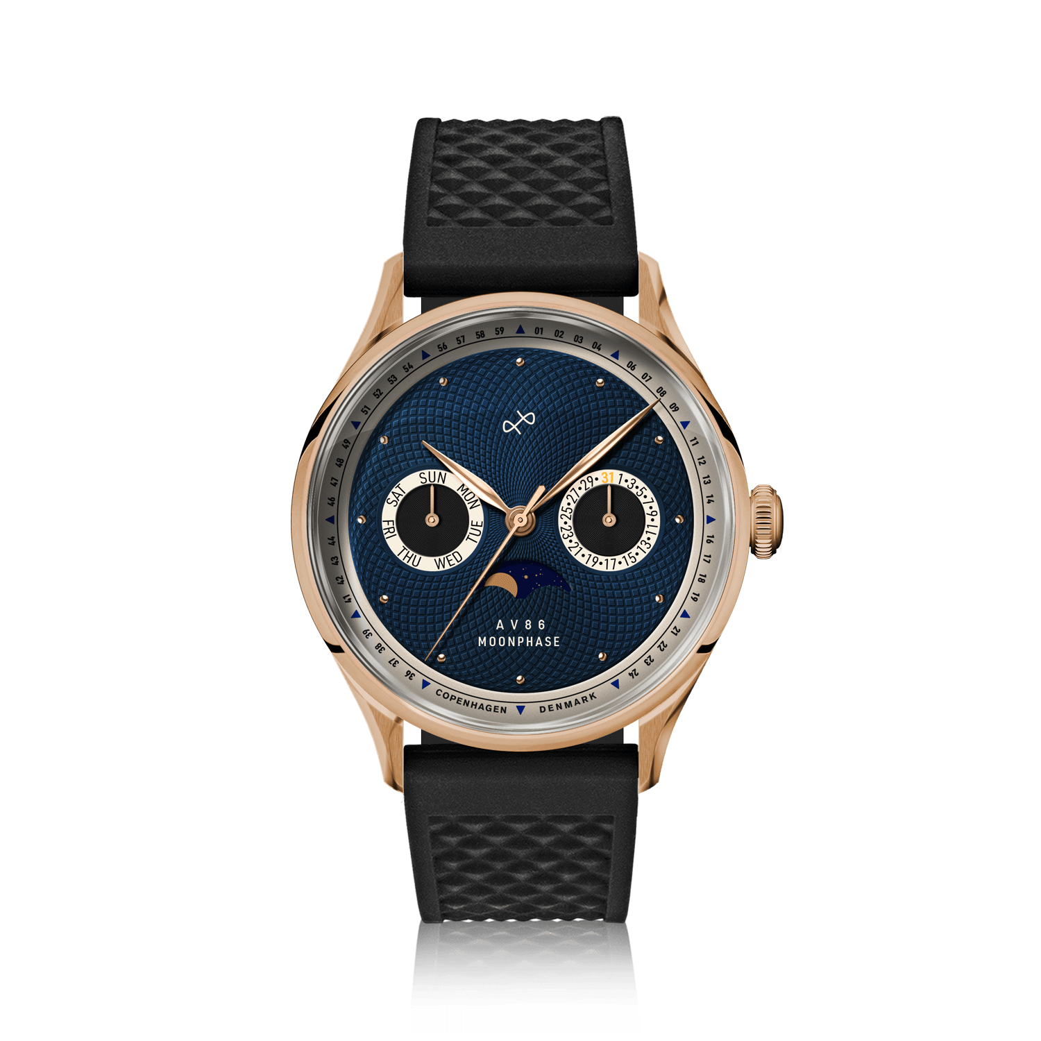 1968 Moonphase by AV86 with textured dial, moonphase complication, sapphire crystal, rose gold case, and black rubber strap