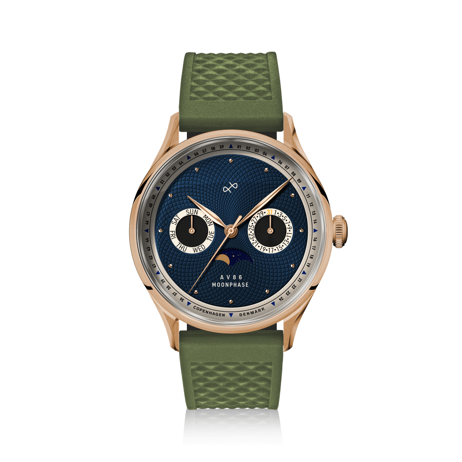 1968 Moonphase by AV86 luxury Moonphase watch with sapphire crystal, vintage-inspired dial, and green rubber strap