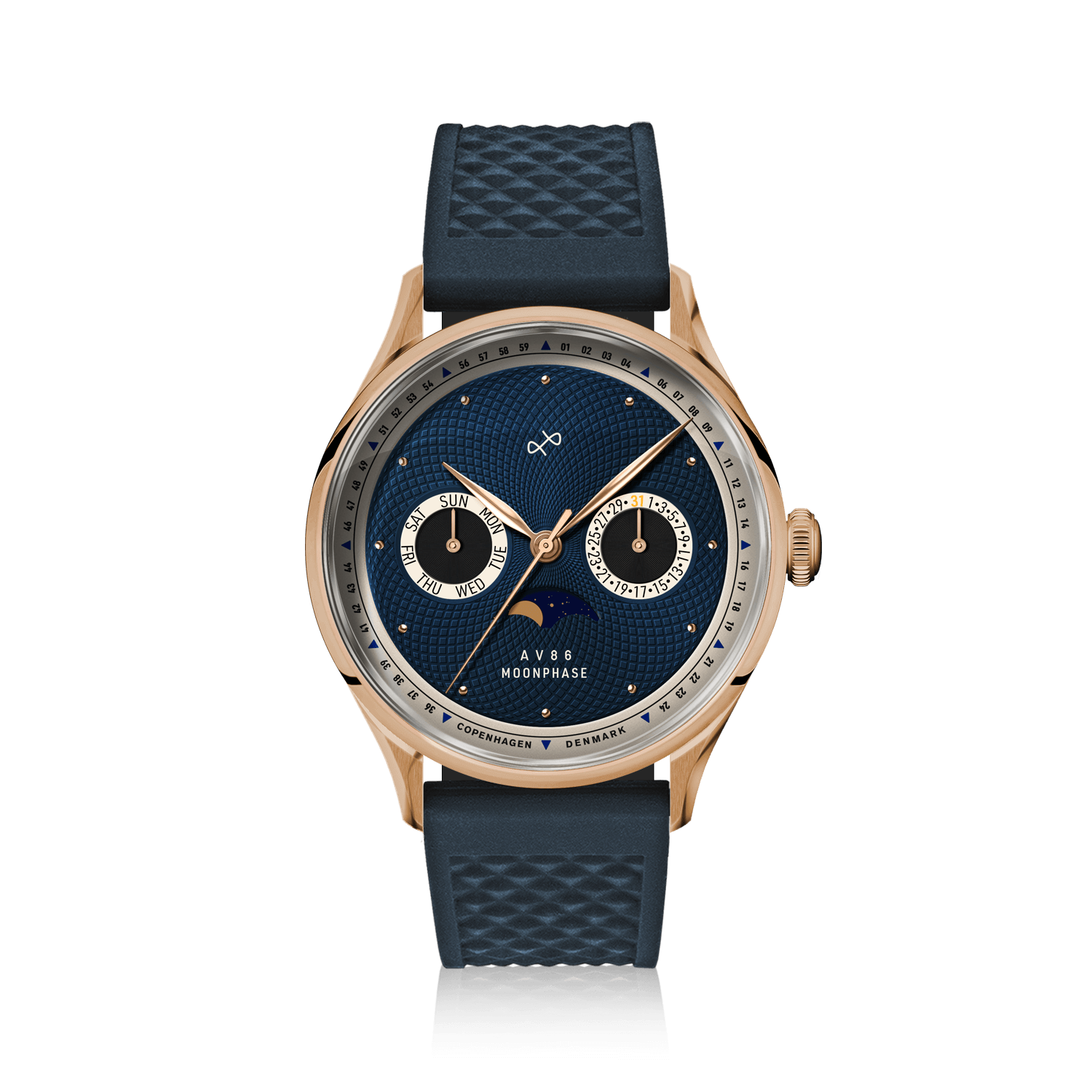 1968 Moonphase, Rose Gold / Dark Blue by AV86 luxury moonphase watch with sapphire crystal and textured rubber strap