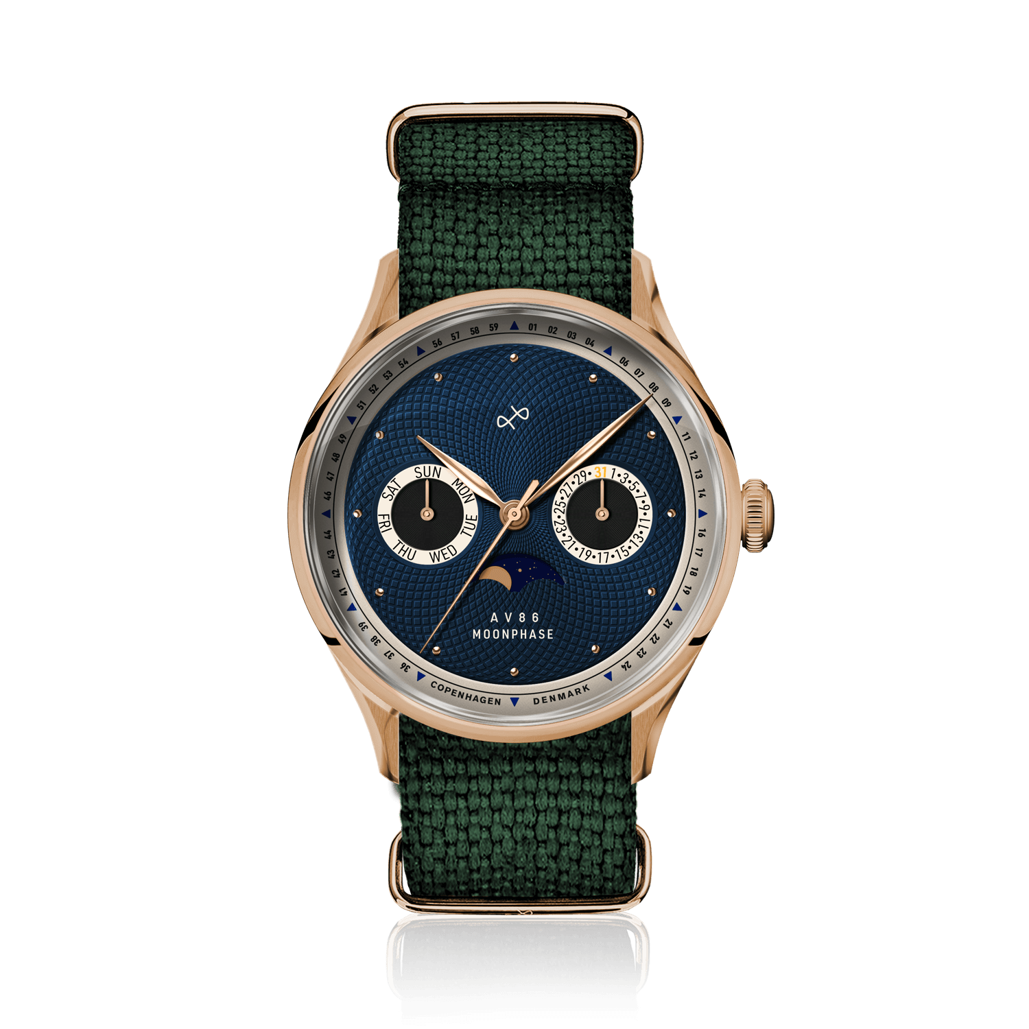 1968 Moonphase, Rose Gold / Dark Blue by AV86 luxury moonphase watch with sapphire crystal and green fabric strap