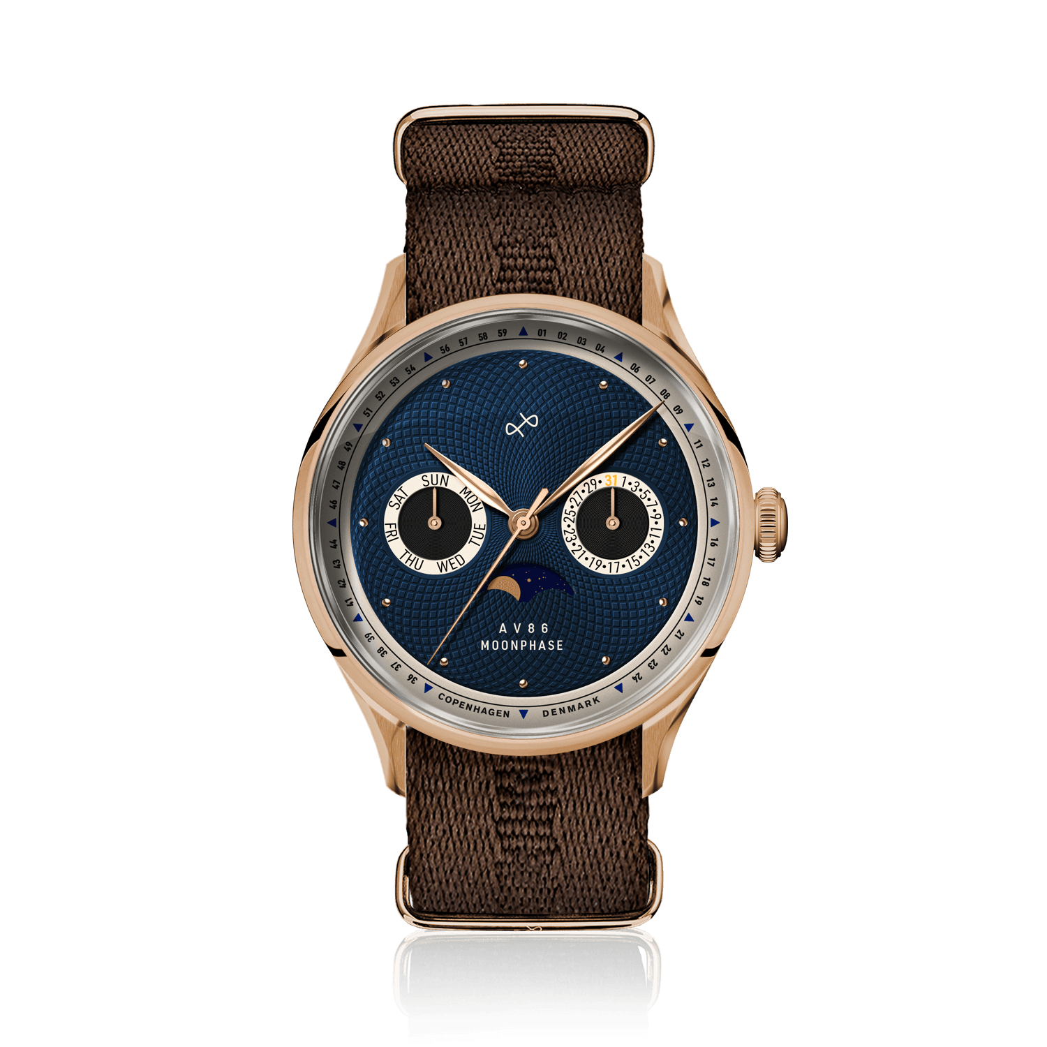 1968 Moonphase, Rose Gold / Dark Blue by AV86 luxury moonphase watch with sapphire crystal, vintage dial, and textured fabric strap