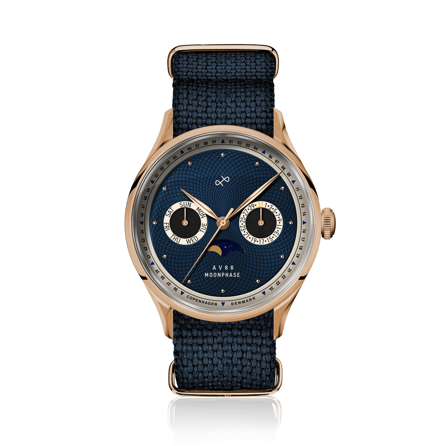 1968 Moonphase, Rose Gold / Dark Blue by AV86 luxury moonphase watch with sapphire crystal, textured dial, and woven fabric strap