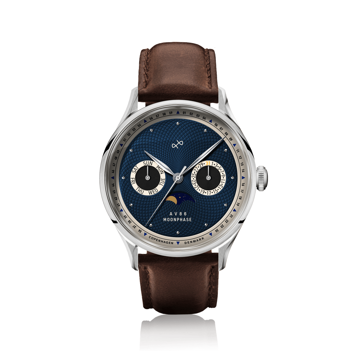 1968 Moonphase by AV86 with vintage-inspired dial, moonphase, dual subdials, sapphire crystal, and brown leather strap
