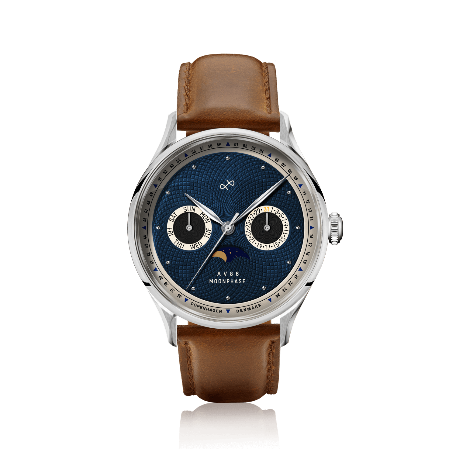 1968 Moonphase by AV86 luxury vintage-inspired moonphase watch with sapphire crystal, textured dial, and brown leather strap
