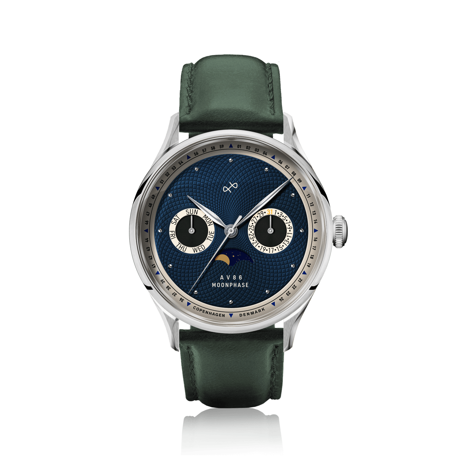 1968 Moonphase by AV86 luxury moonphase watch with sapphire crystal, textured dial, date and day subdials, green leather strap