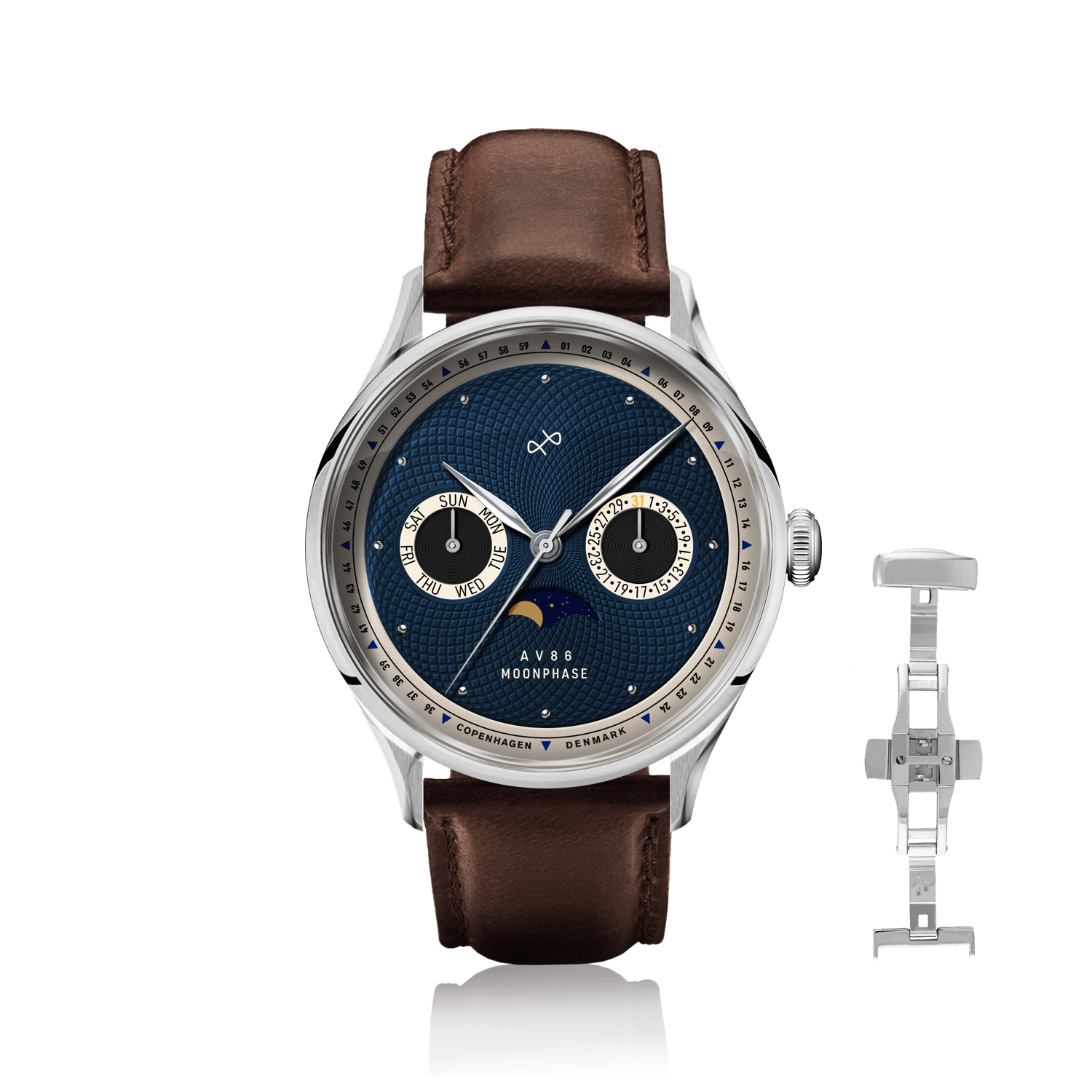 1968 Moonphase by AV86 luxury Moonphase watch with sapphire crystal, vintage-inspired dial, and brown leather strap