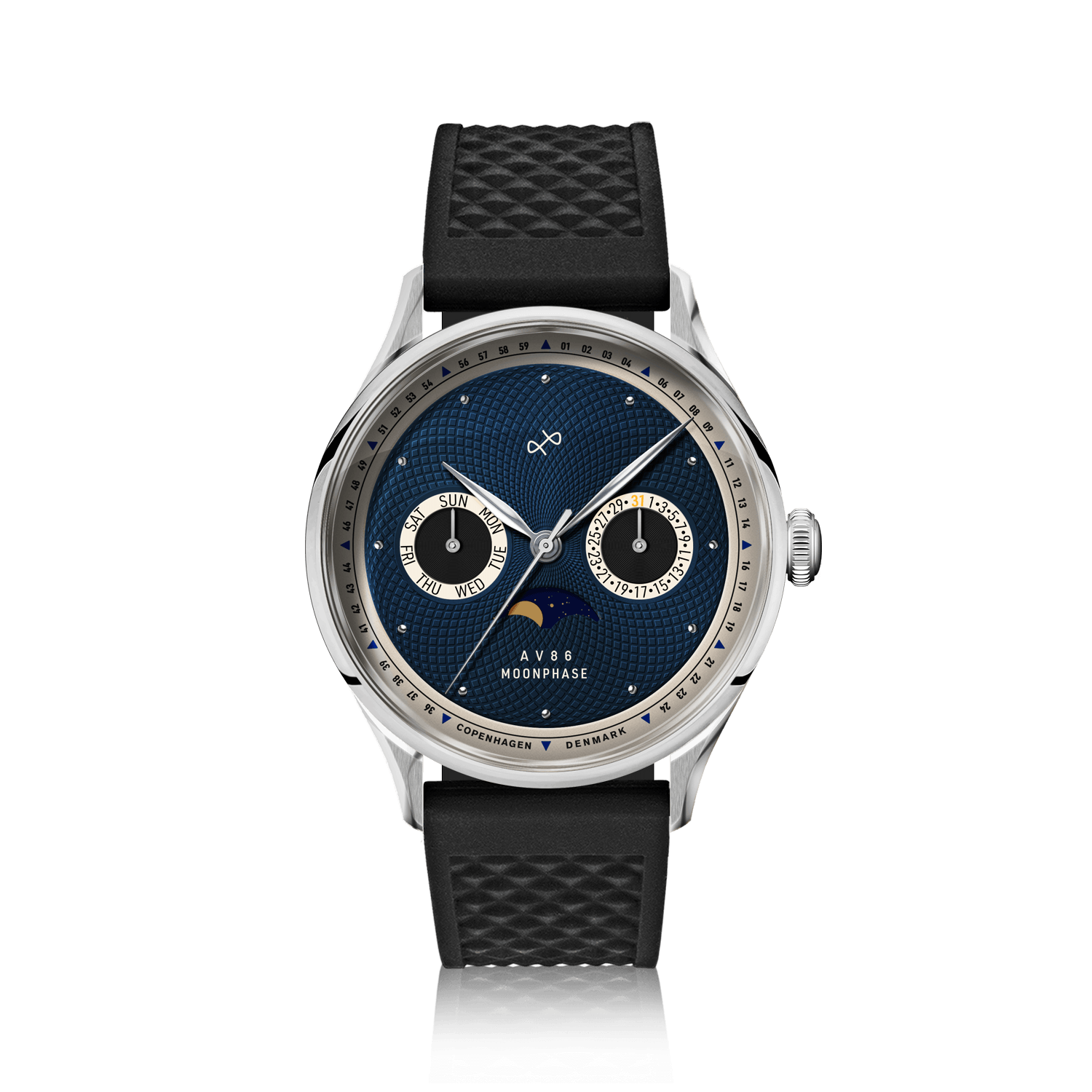 1968 Moonphase by AV86 luxury moonphase watch with textured dial, sapphire crystal, stainless steel case, and black rubber strap