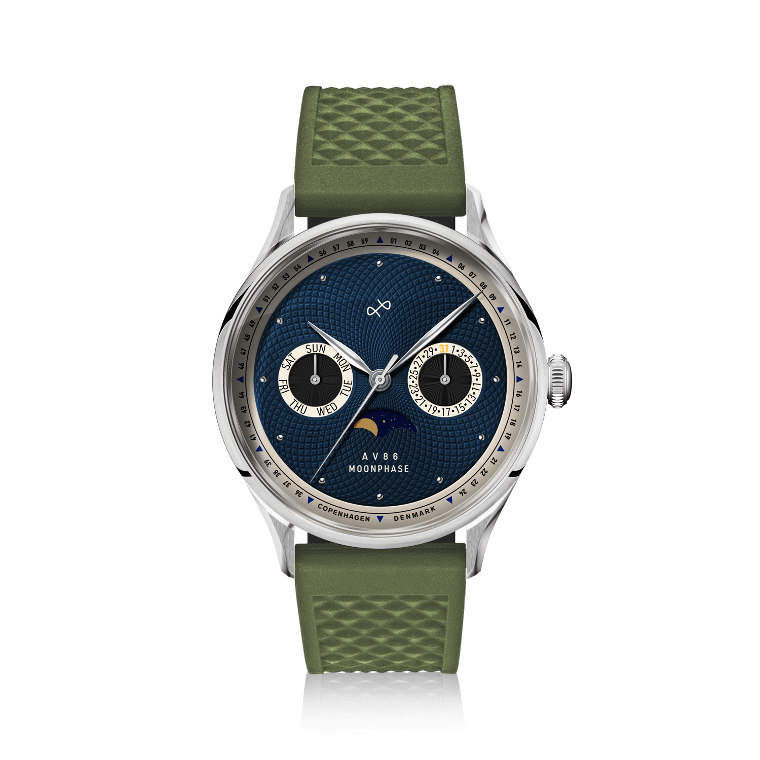 1968 Moonphase by AV86 vintage-inspired moonphase watch with sapphire crystal, textured blue dial, and green rubber strap