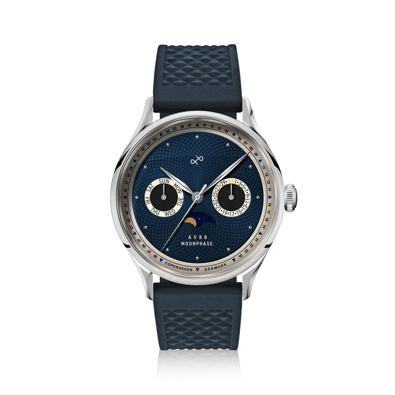 1968 Moonphase by AV86 luxury moonphase watch with sapphire crystal, textured blue dial, and rubber strap in Nordic minimalist style