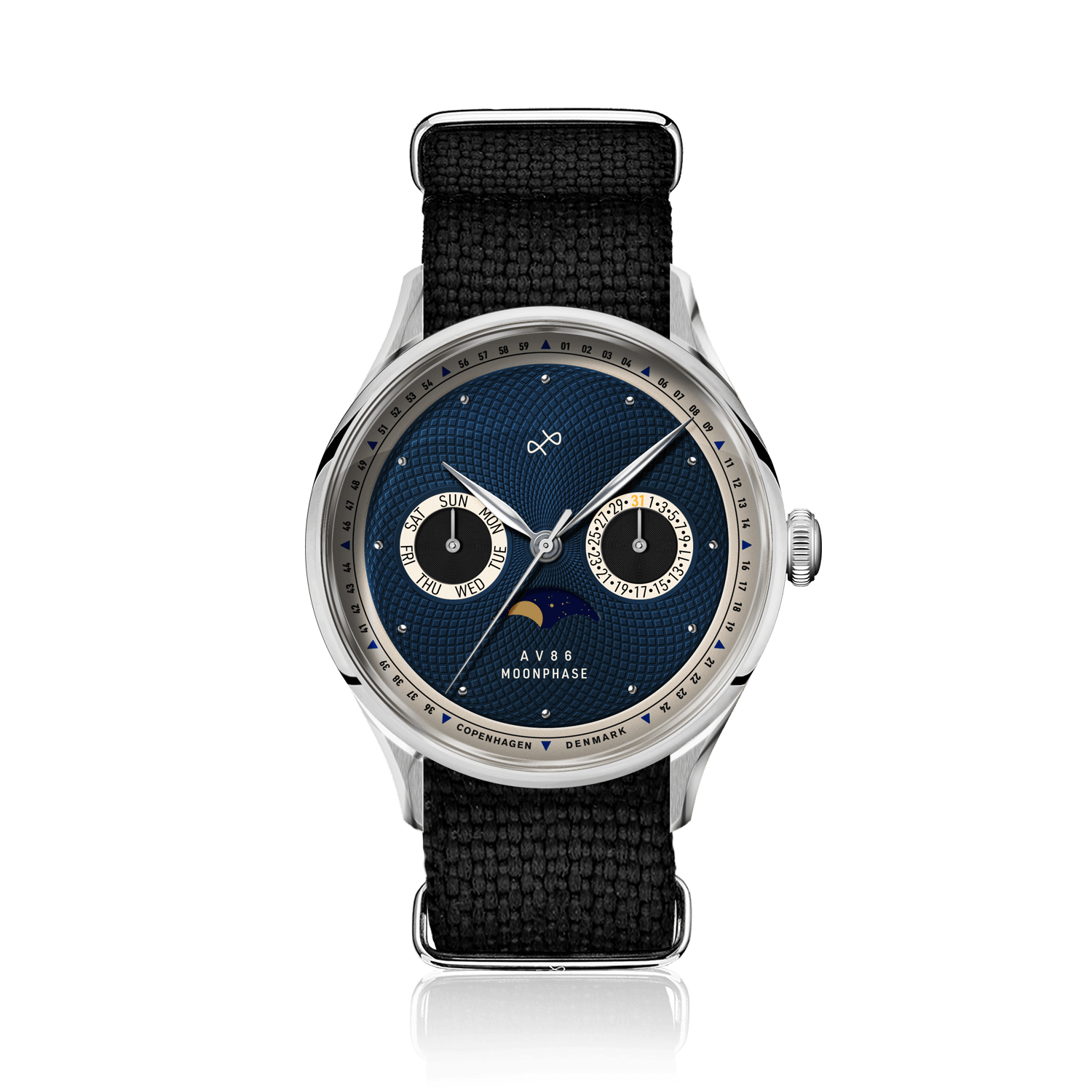 1968 Moonphase by AV86 luxury moonphase watch with sapphire crystal, textured blue dial, and black fabric strap