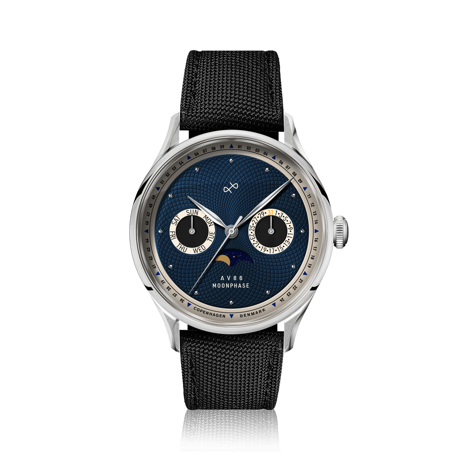 1968 Moonphase by AV86 luxury moonphase watch with sapphire crystal, textured dark blue dial, and black fabric strap