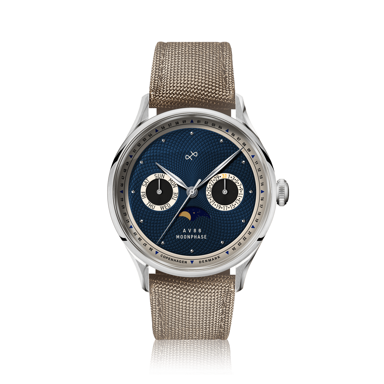 1968 Moonphase by AV86 luxury vintage-inspired moonphase watch with sapphire crystal, textured blue dial, and beige fabric strap