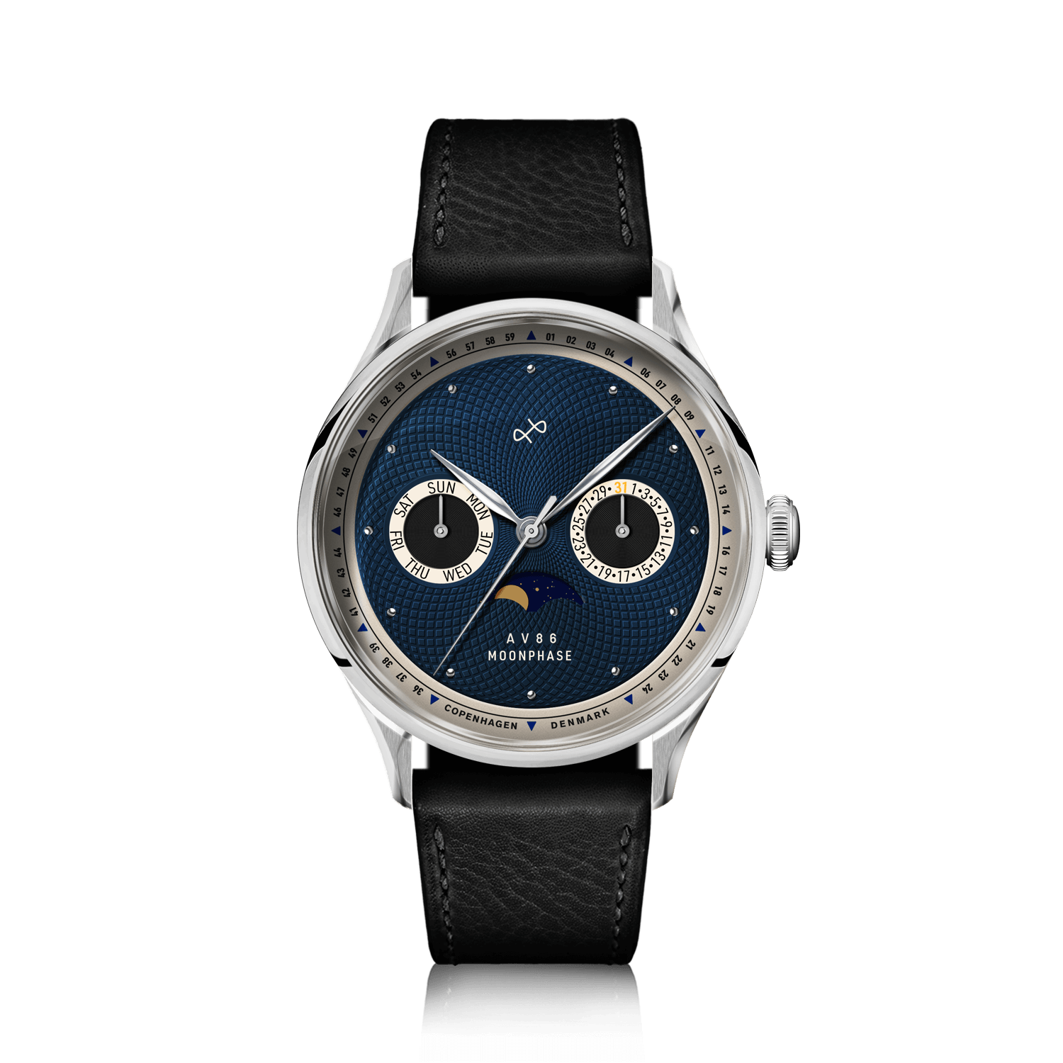 1968 Moonphase by AV86 luxury moonphase watch with sapphire crystal, vintage-inspired dial, and black leather strap