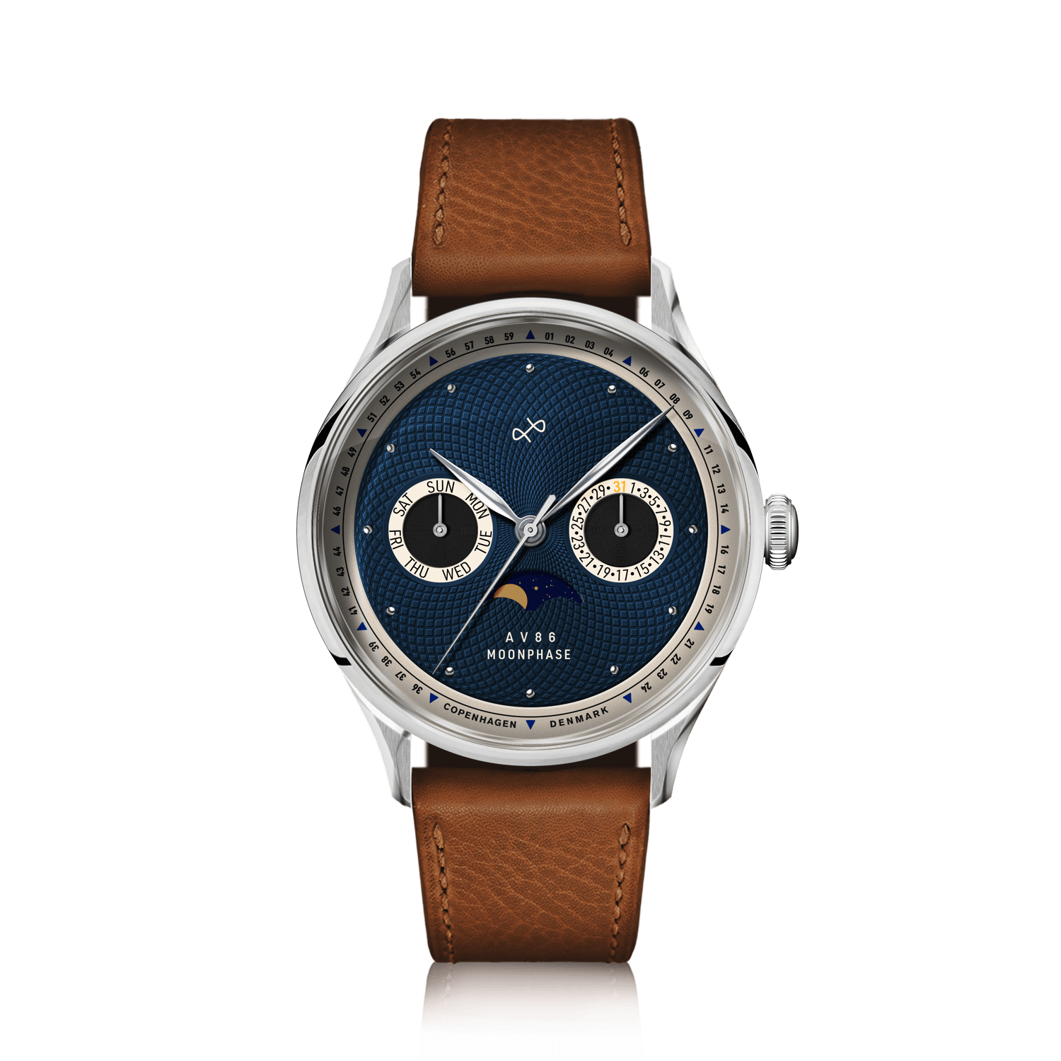1968 Moonphase by AV86 vintage-inspired moonphase with sapphire crystal, textured dark blue dial, and brown leather strap