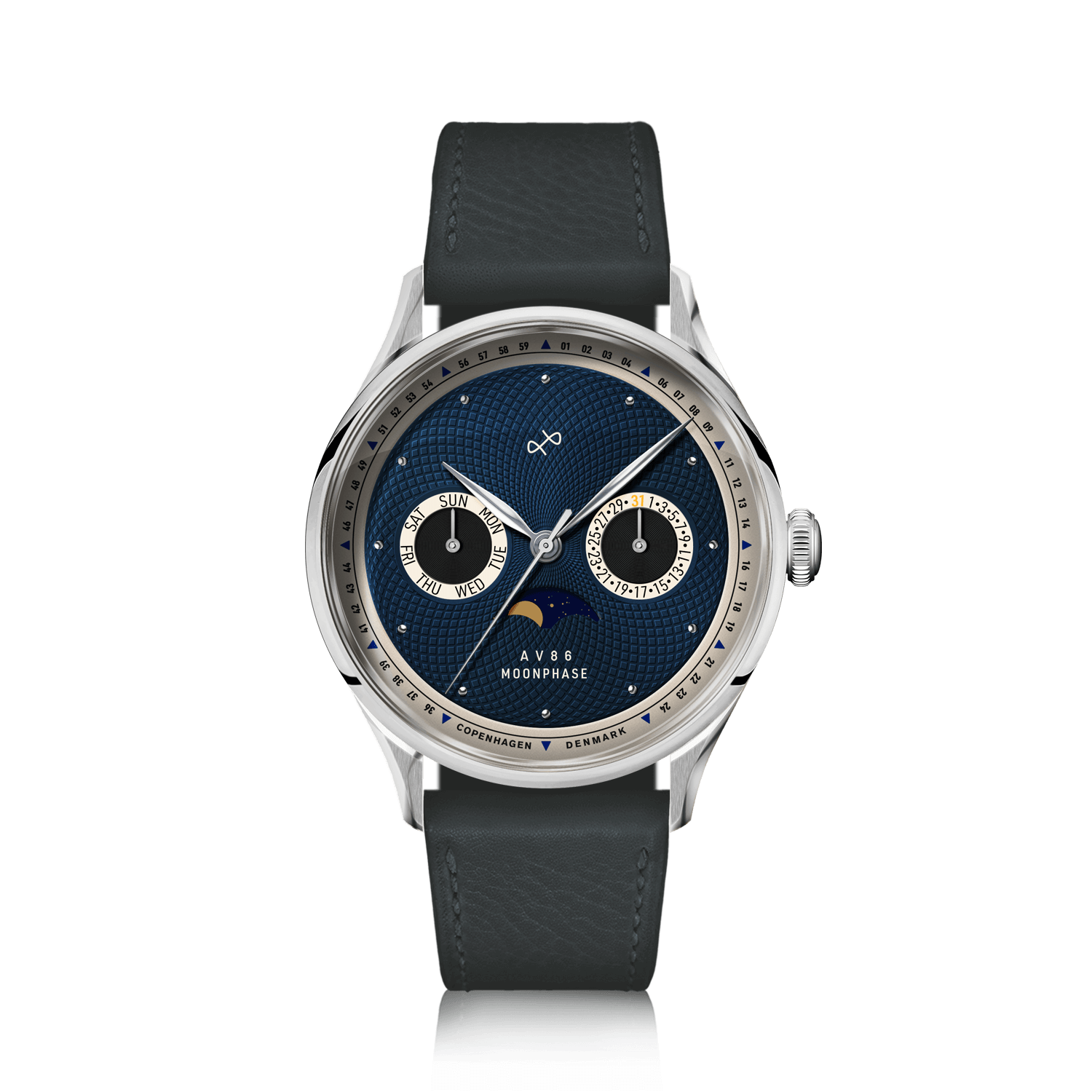 1968 Moonphase by AV86 luxury vintage-inspired moonphase watch with sapphire crystal, textured dial, and black leather strap