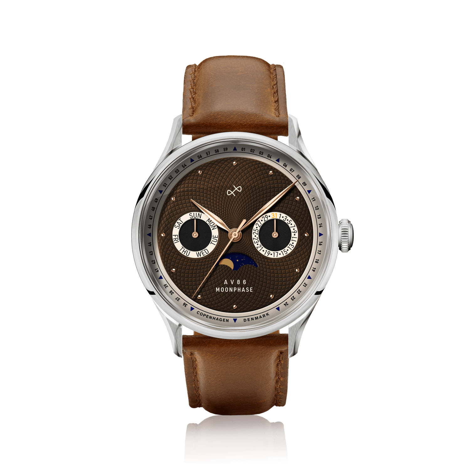 1968 Moonphase by AV86 luxury moonphase watch with sapphire crystal, textured dial, and brown leather strap