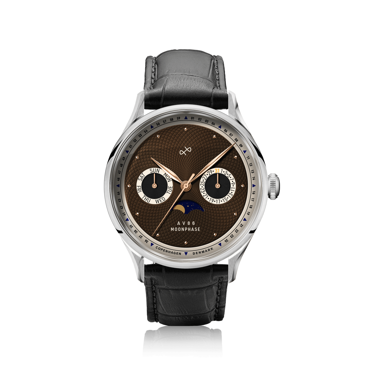 1968 Moonphase by AV86 vintage-inspired moonphase watch with sapphire crystal, textured dial, and brown leather strap