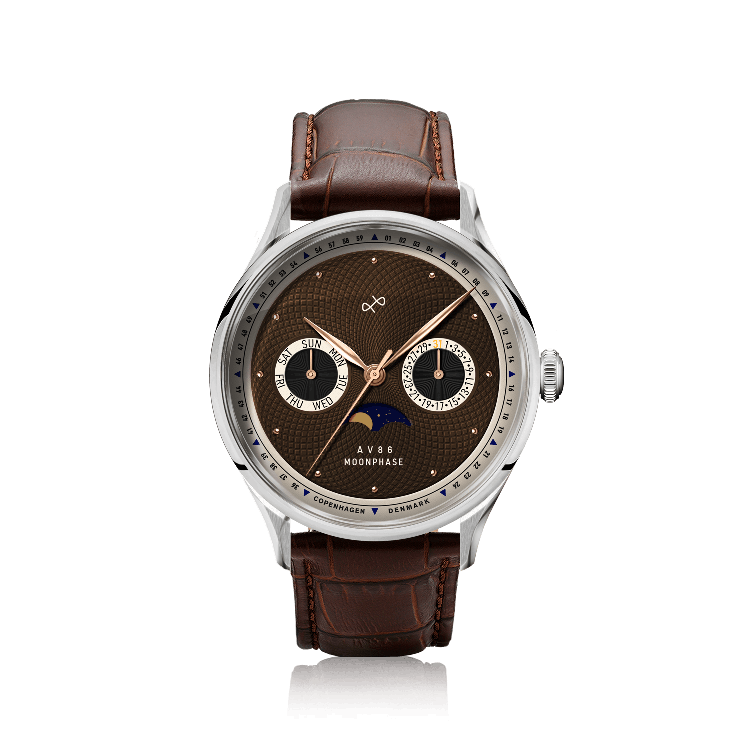 1968 Moonphase by AV86 vintage-inspired moonphase watch with sapphire crystal, textured dial, and brown leather strap