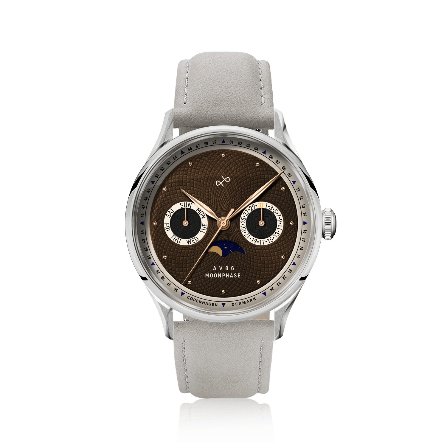 1968 Moonphase by AV86 luxury moonphase watch with sapphire crystal, vintage-inspired dial, and light leather strap