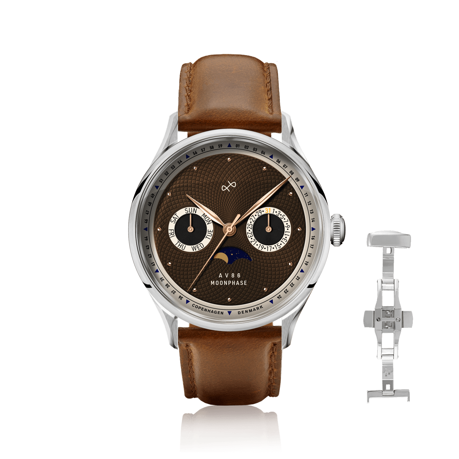 1968 Moonphase by AV86 luxury moonphase watch with sapphire crystal, textured dial, and brown leather strap