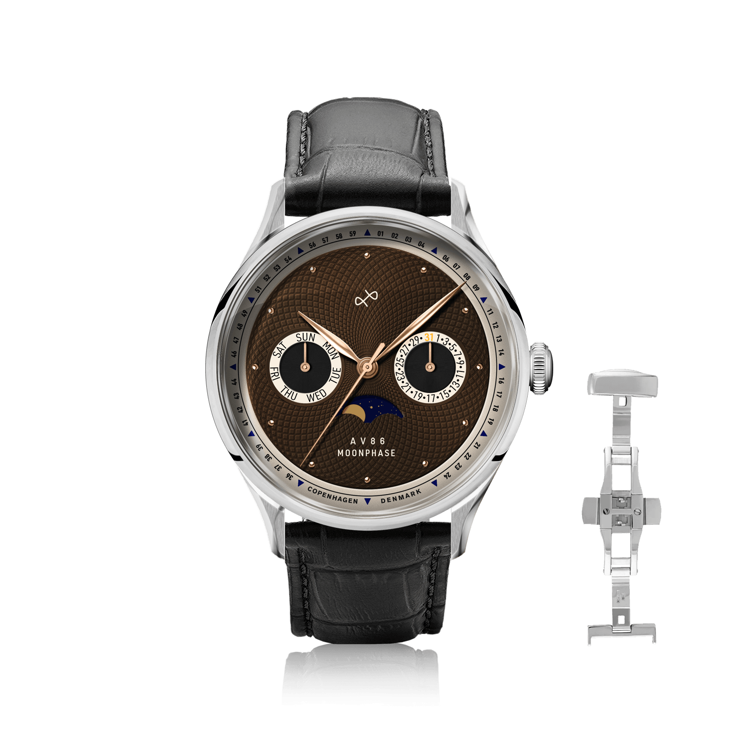 1968 Moonphase by AV86 luxury moonphase watch with sapphire crystal, textured dial, and black leather strap with deployment clasp
