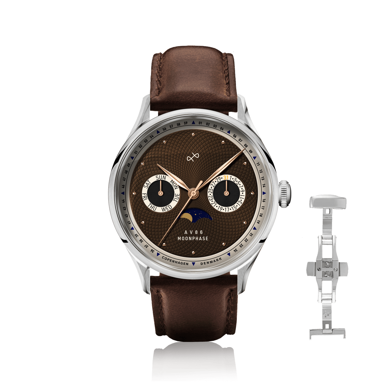 1968 Moonphase by AV86 luxury moonphase watch with sapphire crystal, textured dial, and brown leather strap