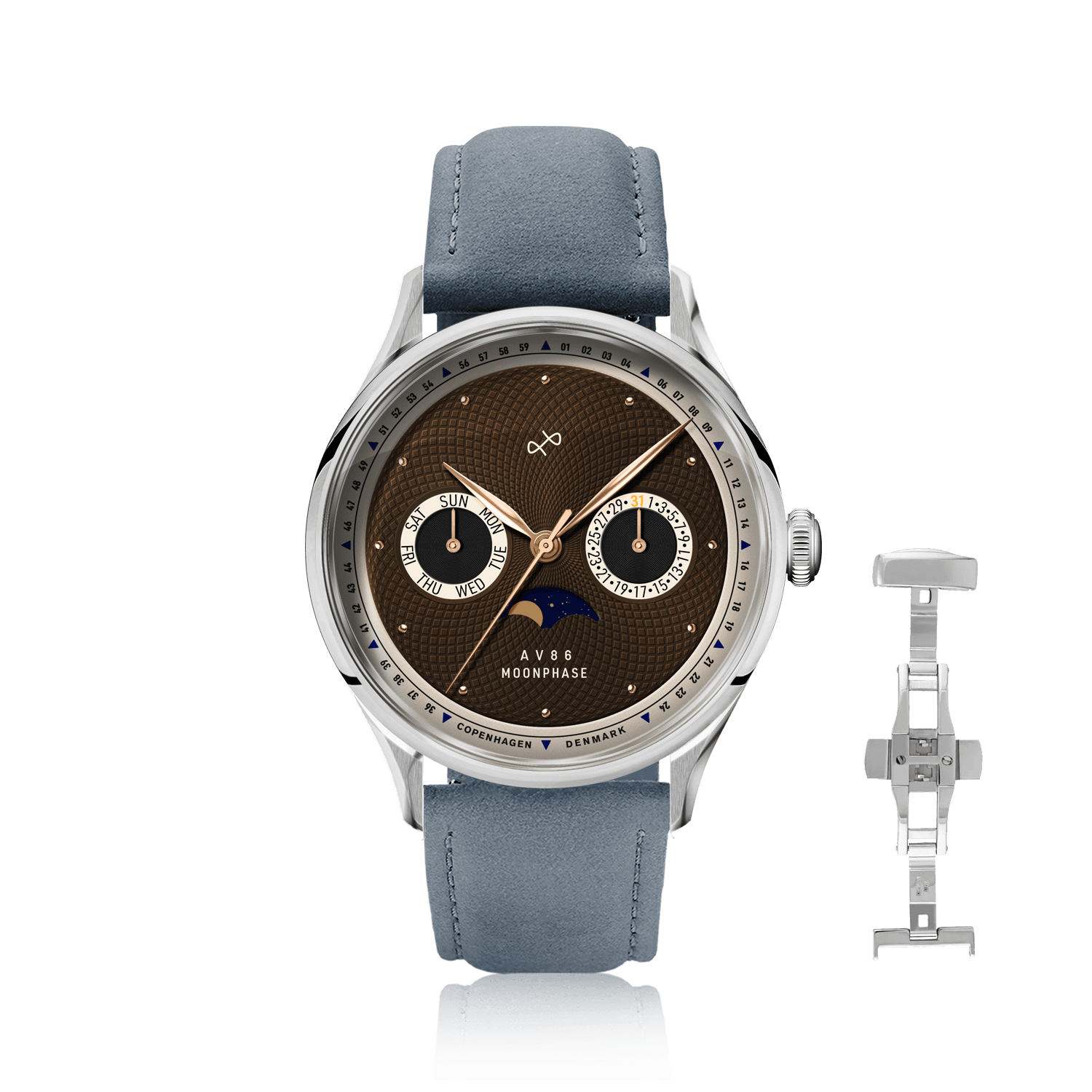1968 Moonphase by AV86 luxury moonphase watch with sapphire crystal, textured dial, day-date subdials, and leather strap