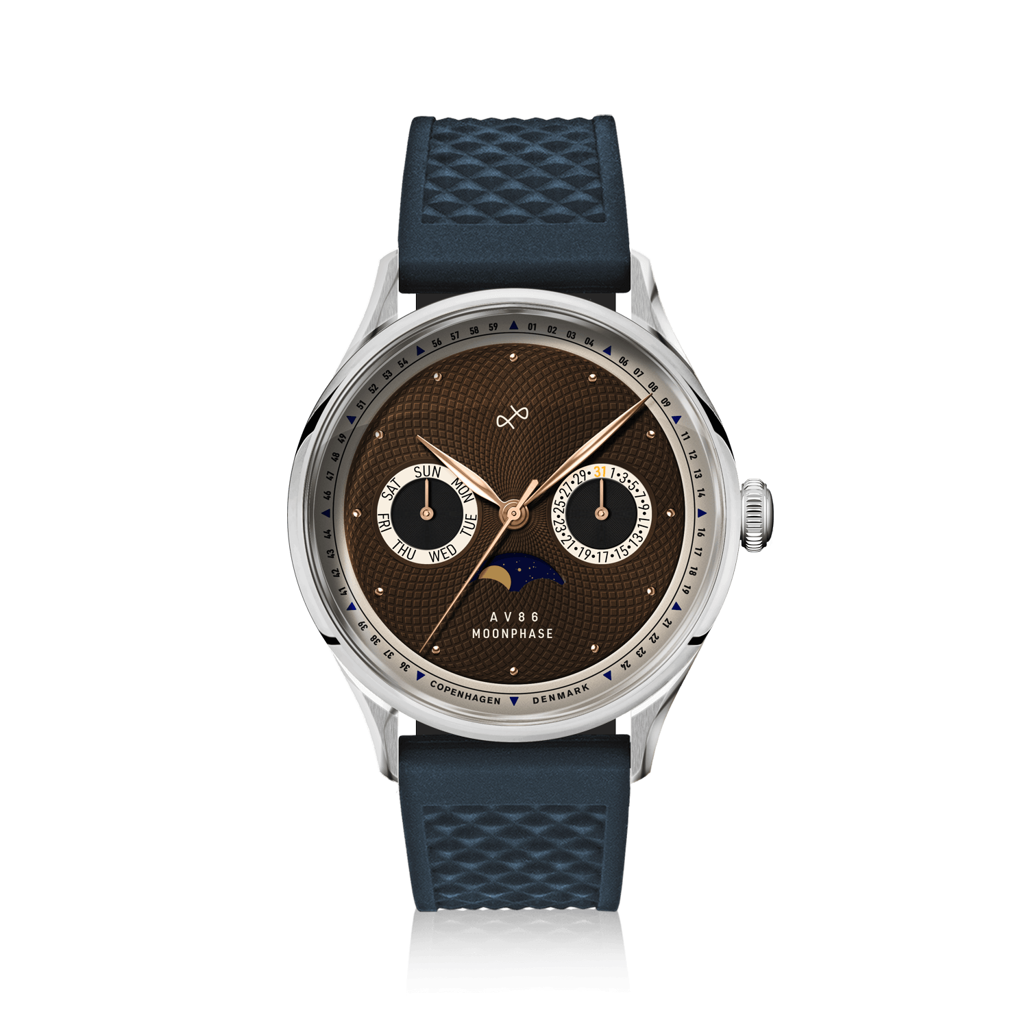 1968 Moonphase by AV86 luxury moonphase watch with sapphire crystal, vintage-inspired dial, and textured rubber strap
