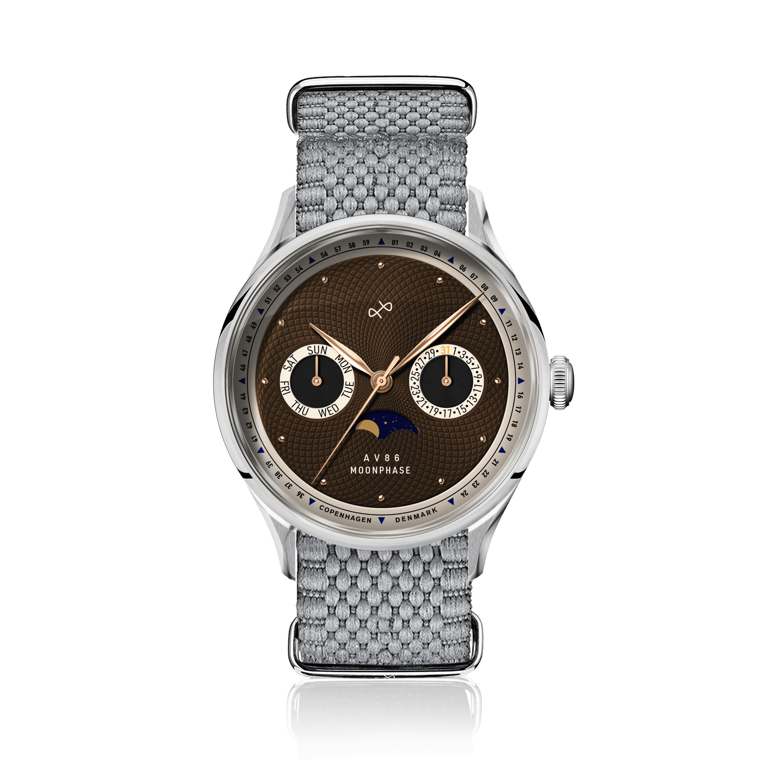 1968 Moonphase by AV86 vintage-inspired moonphase watch with sapphire crystal, textured dial, and woven fabric strap