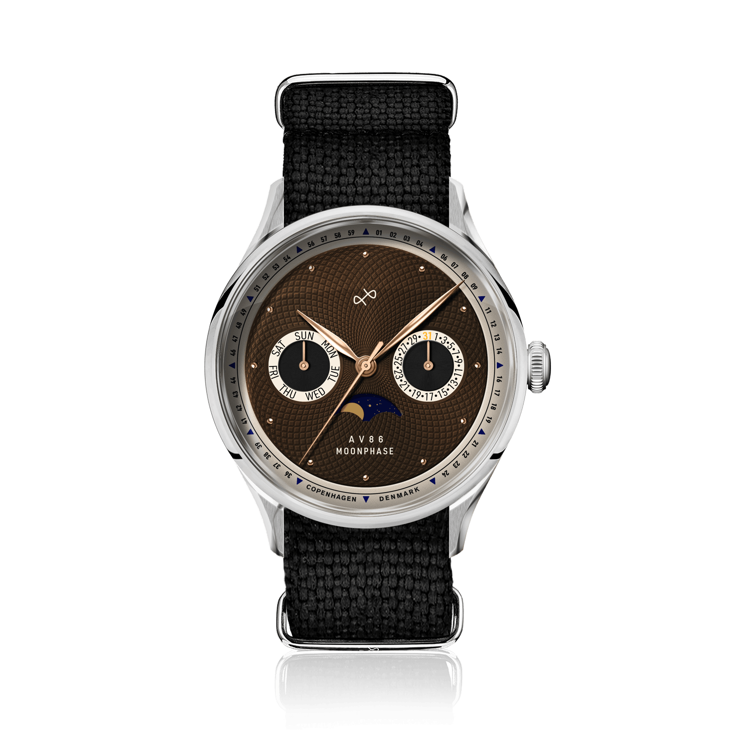 1968 Moonphase by AV86 luxury moonphase watch with sapphire crystal, textured dial, day-date subdials, and black fabric strap